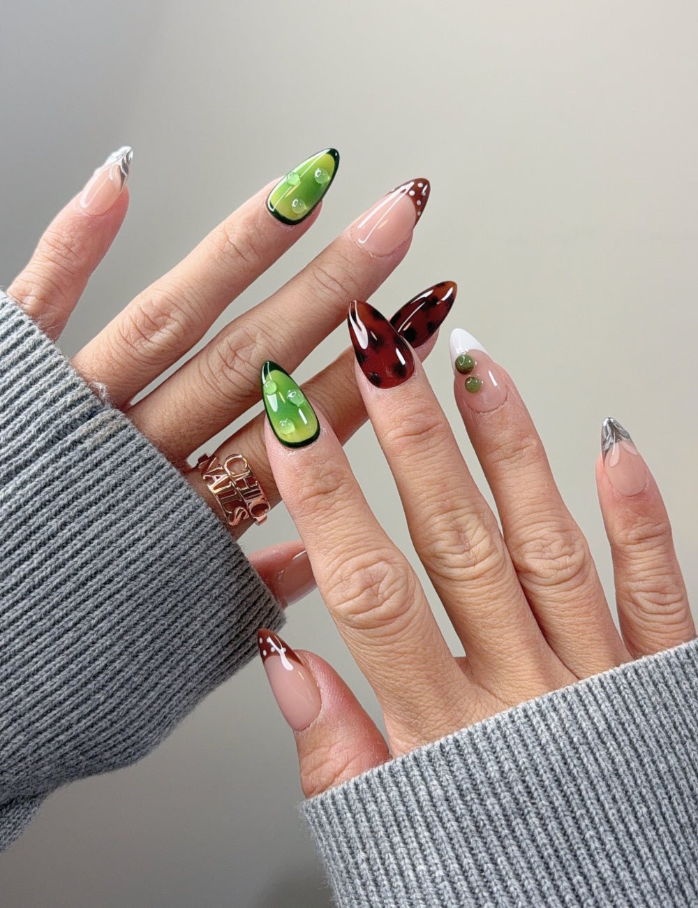 Water Drop Press-On Nails - Vibrant Green & Orange Reusable Nails - Medium Almond