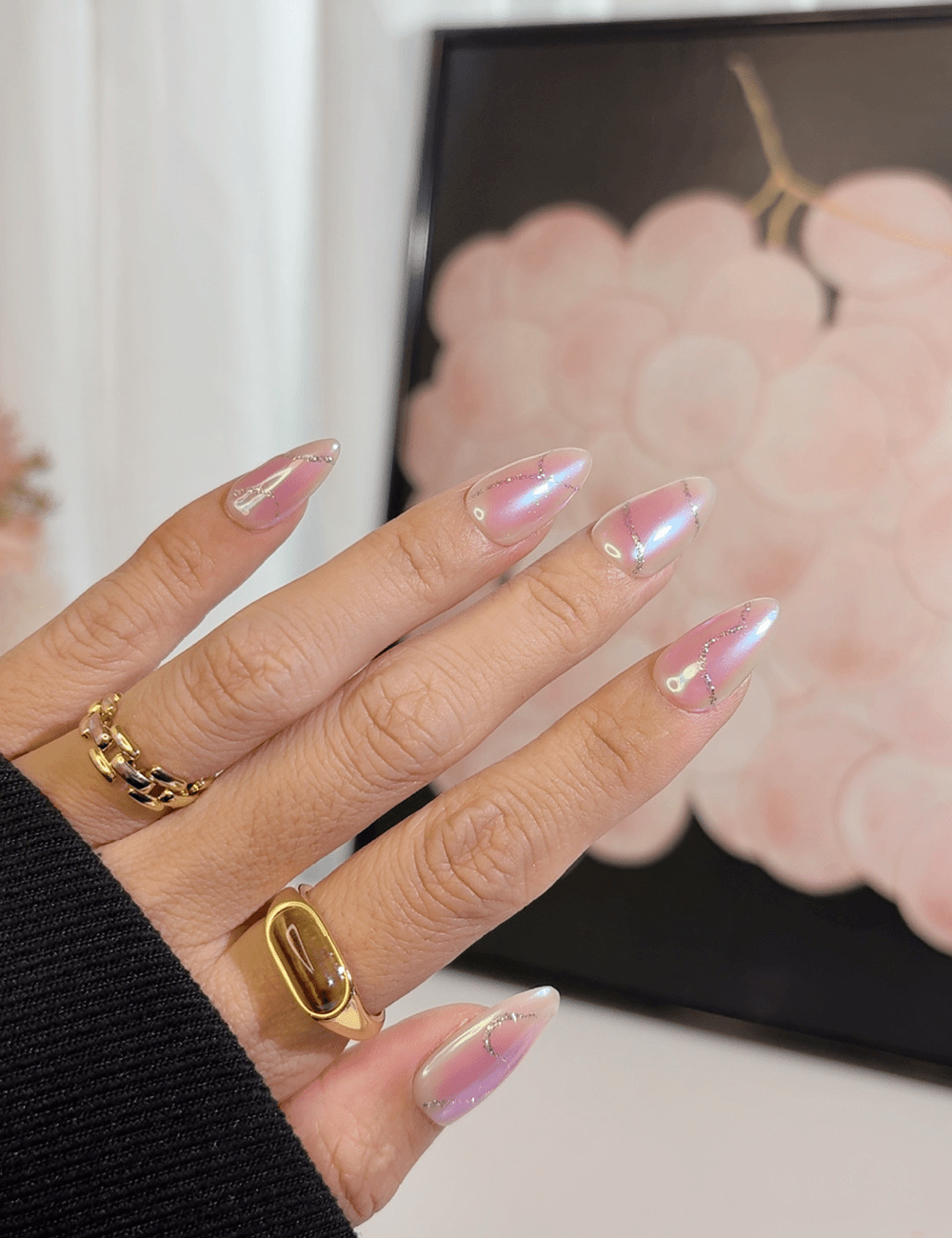 Iridescent Pink Cat Eye Press-On Nails – Medium Almond Chrome Shine with Pearl Detail