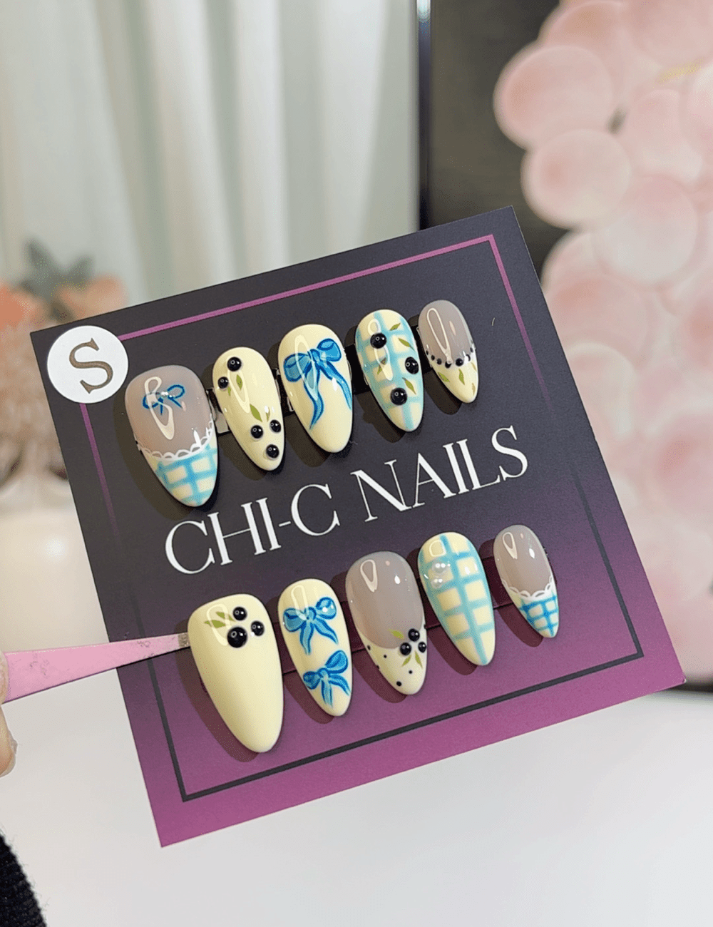 Blue Bow & Gingham Cute Press-On Nails – Medium Almond