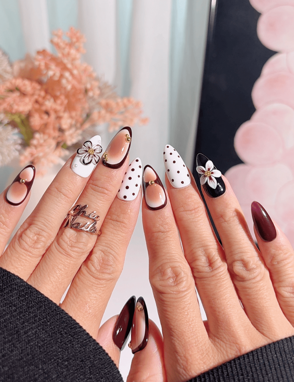 Brown Nude Floral Polka Dot Press-On Nails – Medium Almond
