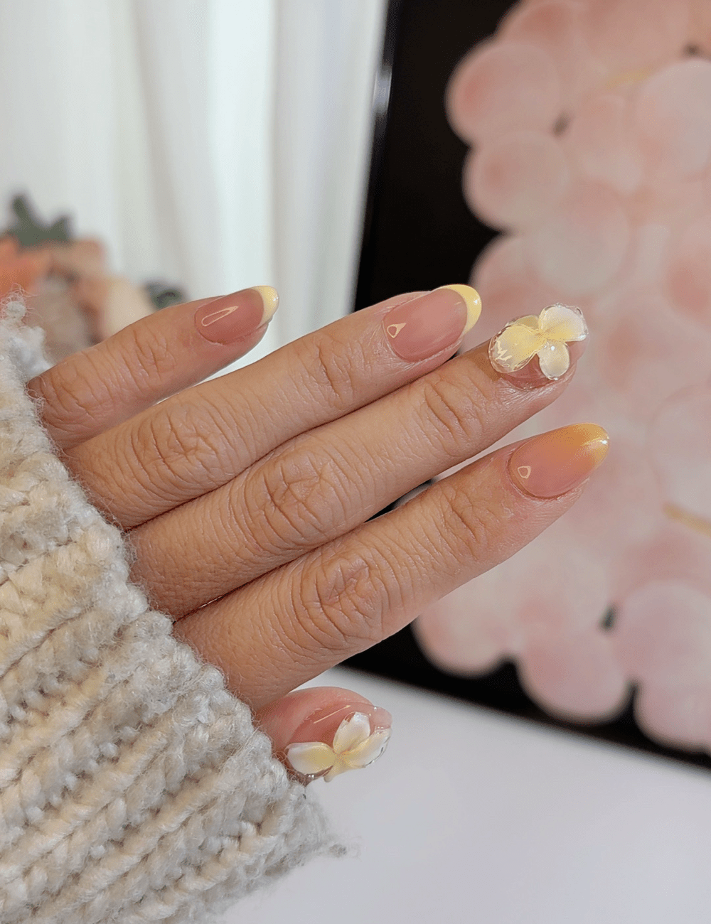 Yellow French Flower Press-On Nails – Short Oval | 3D Summer Floral Design