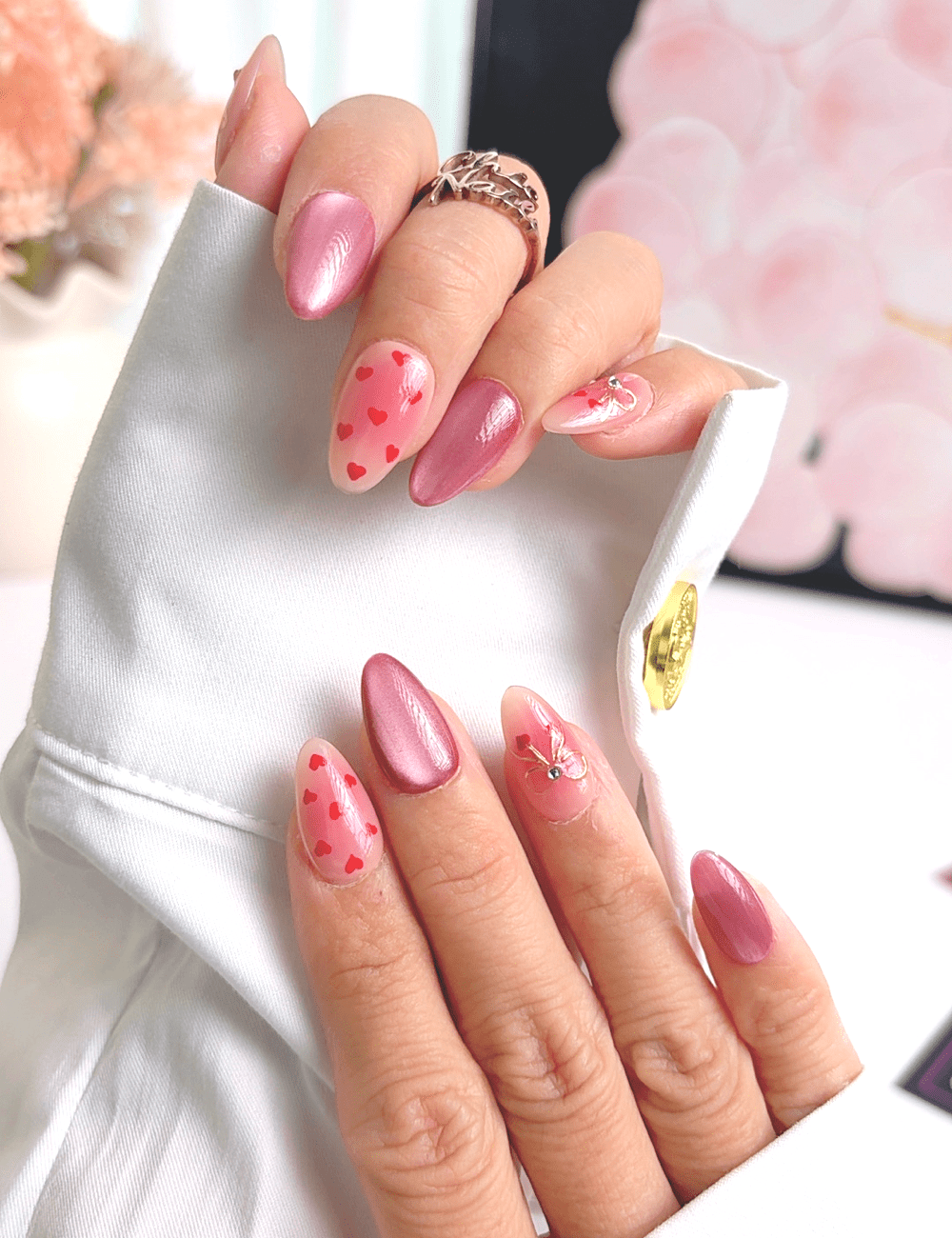 Valentine Heart Chrome Press On Nails – Short Almond Pink Love Design