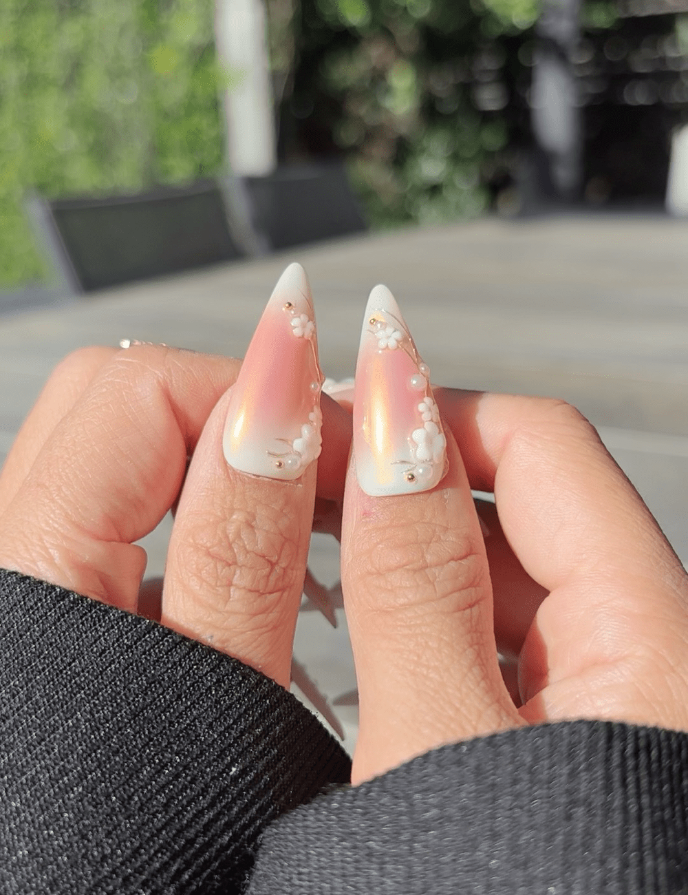 3D Butterfly & Floral Press-On Nails – Long Stiletto Pearl White with Gold Accents