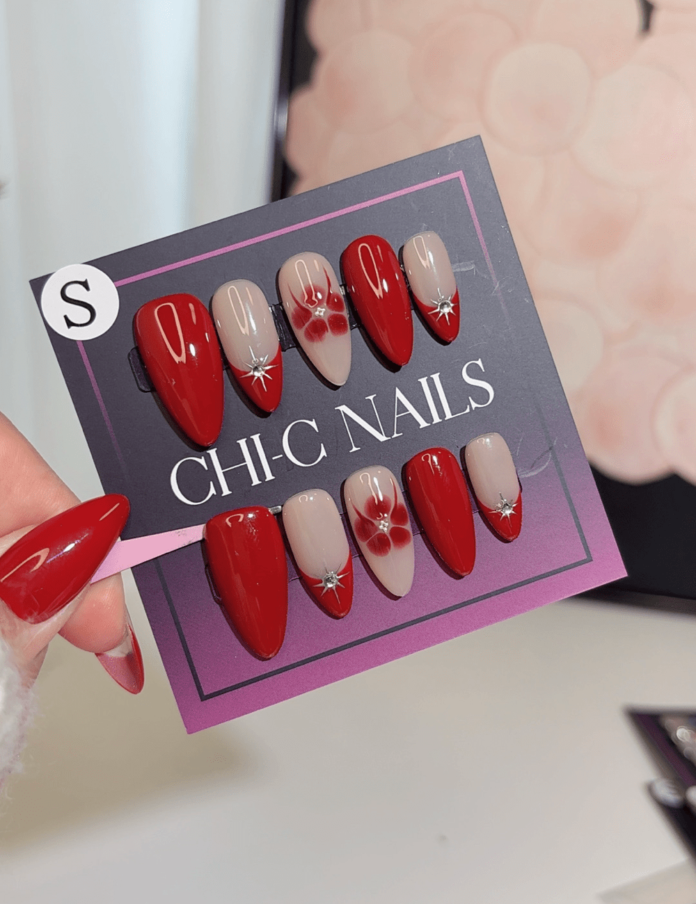 Red Floral French Press-On Nails