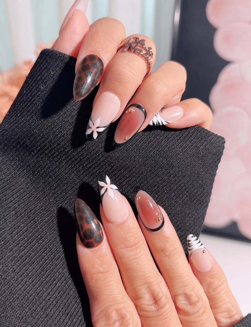 Black & Nude Floral Leopard Press-On Nails – Medium Almond
