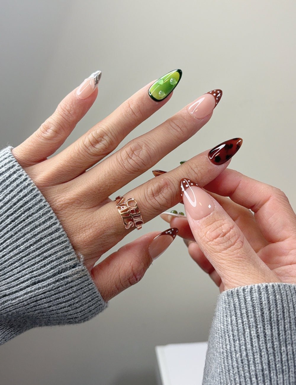 Water Drop Press-On Nails - Vibrant Green & Orange Reusable Nails - Medium Almond