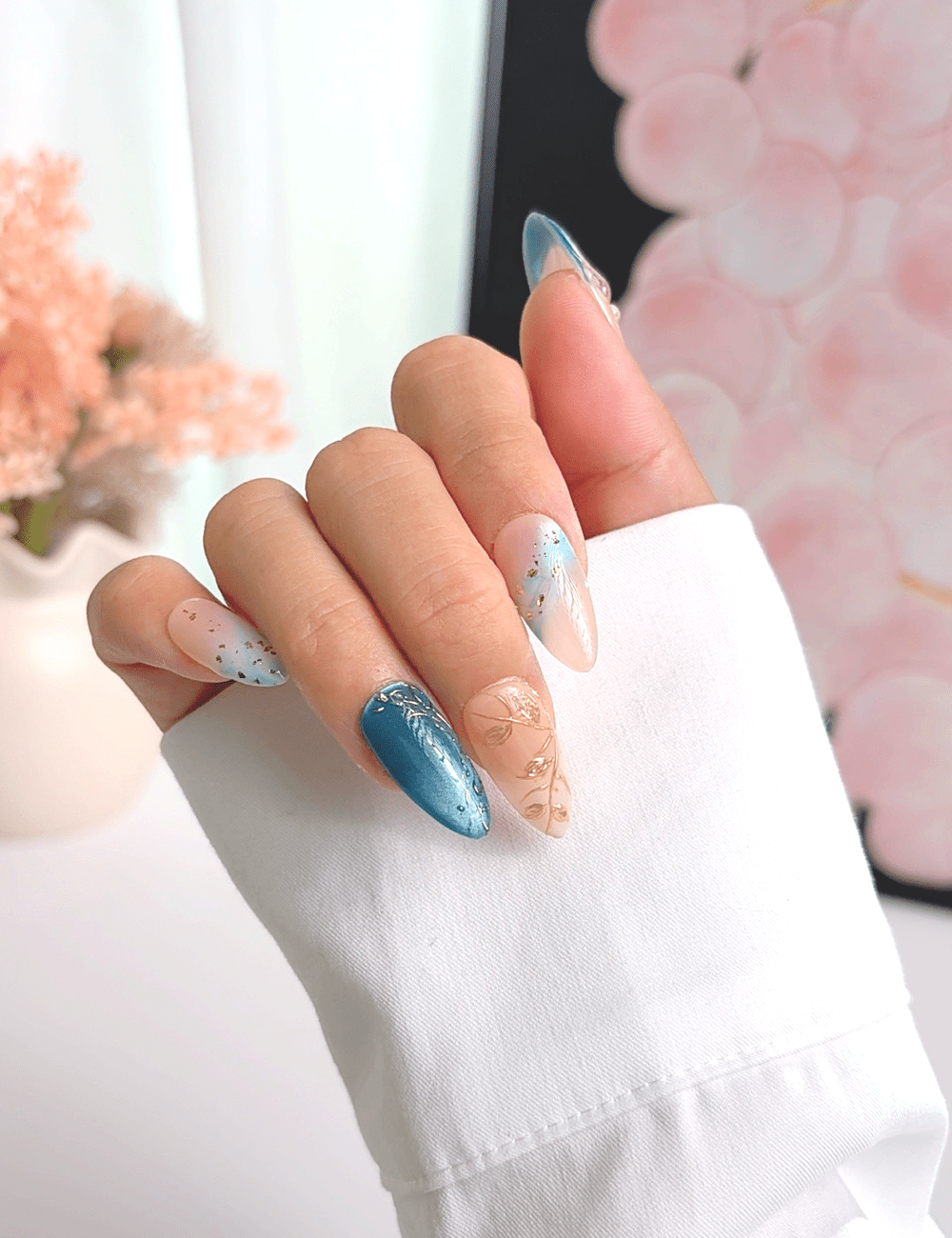 Blue Gold Floral Press On Nails | Nude Almond Nails | Elegant Blue Accent Design | Handmade Press On Nails