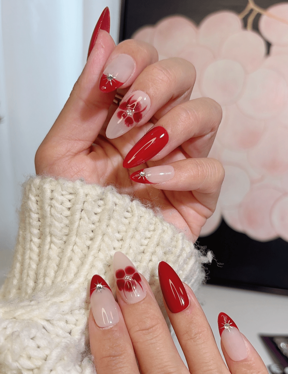 Red Floral French Press-On Nails