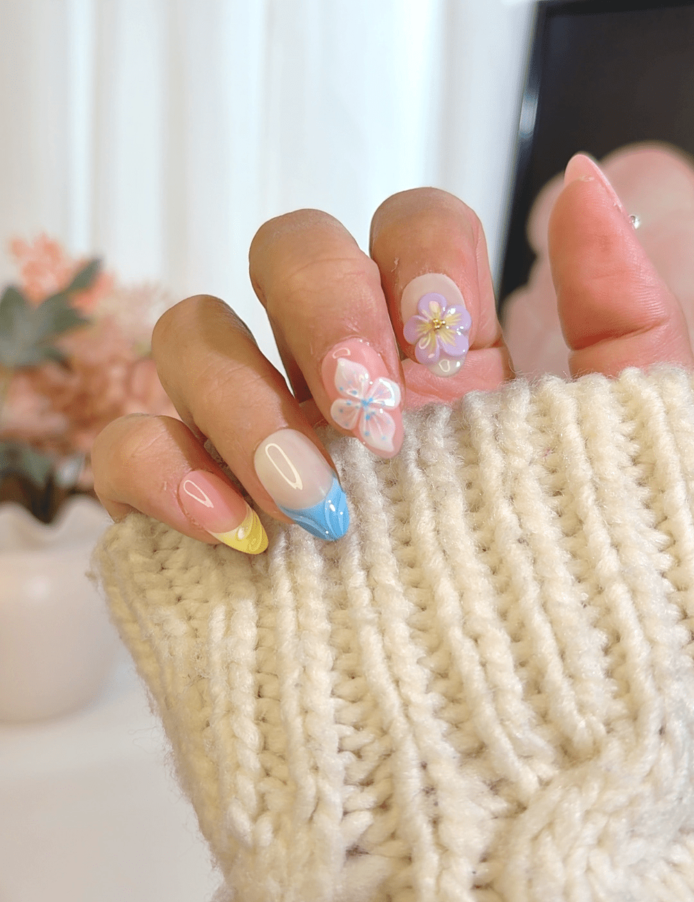 Pastel Bloom Press-On Nails – Pink & Blue Floral 3D Design | Short Almond Spring Nails