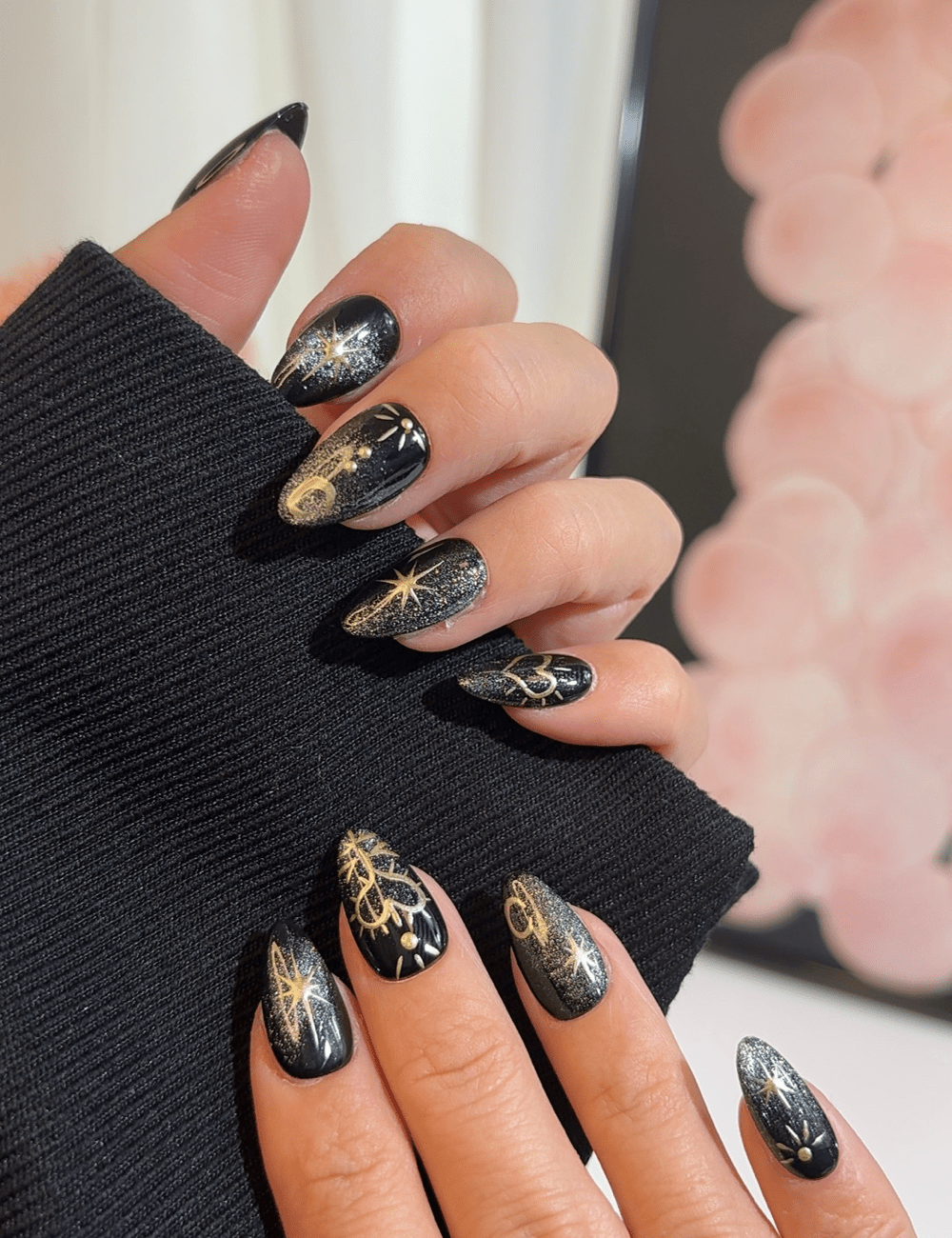Celestial Star Moon Press-On Nails – Short Almond | Black Gold Cosmic Design