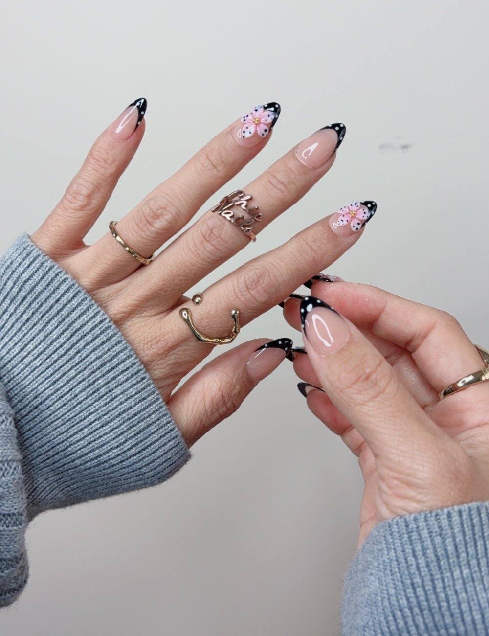Pink Floral Black French Short Almond Press On Nails