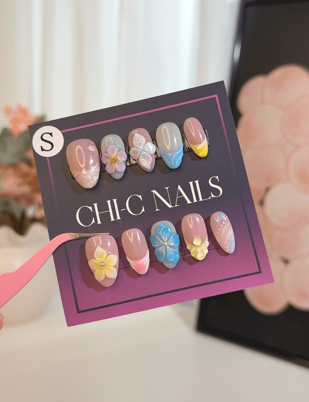 Pastel Bloom Press-On Nails – Pink & Blue Floral 3D Design | Short Almond Spring Nails