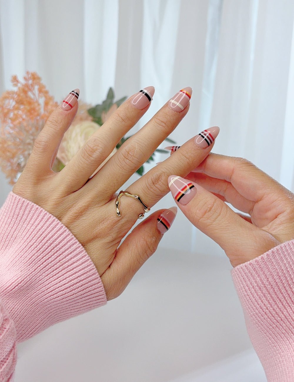 Plaid Stripe Press On Nails Handmade Reusable Fake Nails Short Almond