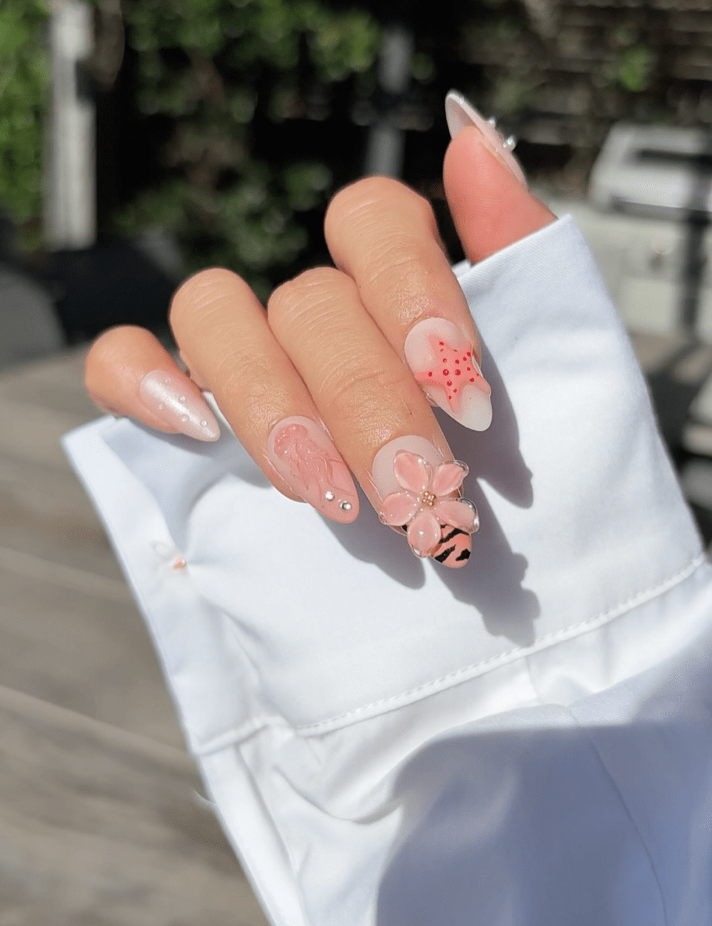 Pink Coral Blossom Press-On Nails – 3D Floral & Starfish Summer Design