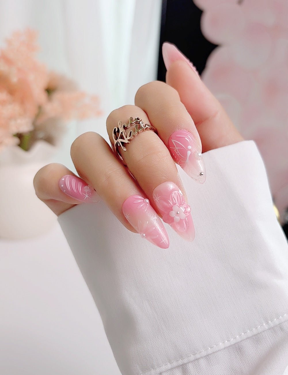 Pink Floral Press On Nails with Glue, Medium Almond, Handmade 3D Flower Nails, Soft Gradient Artistic Nails