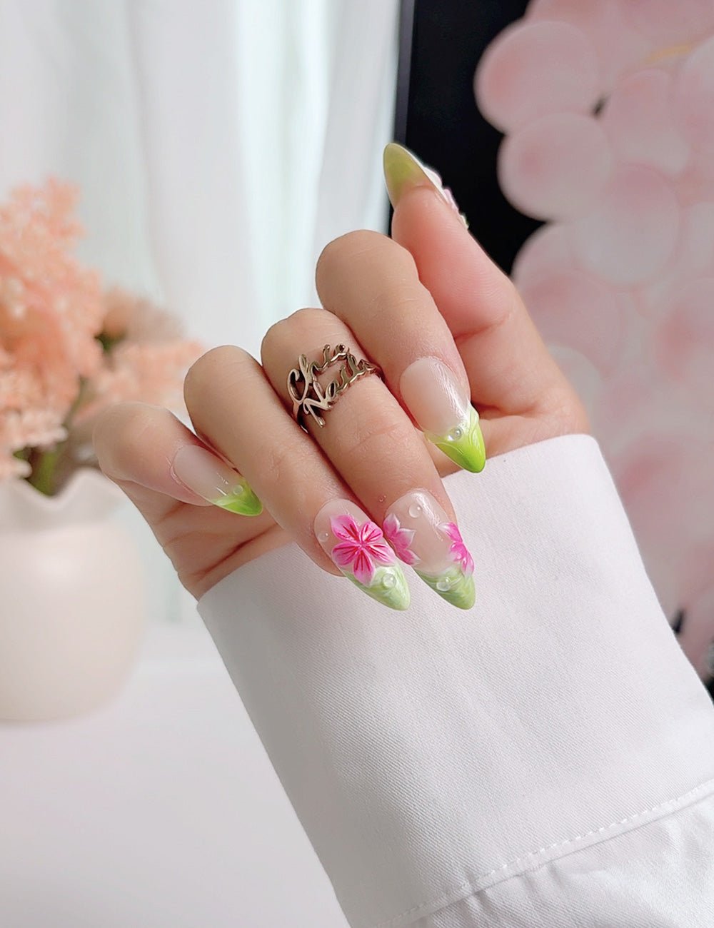 Green French Press On Nails with Glue, Medium Almond, Pink Floral 3D Flower Nails, Handmade Spring Nails
