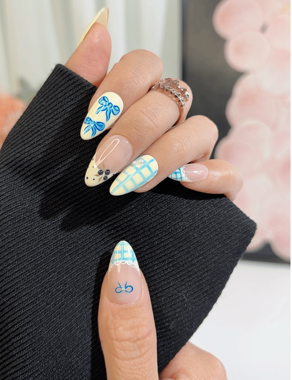 Blue Bow & Gingham Cute Press-On Nails – Medium Almond