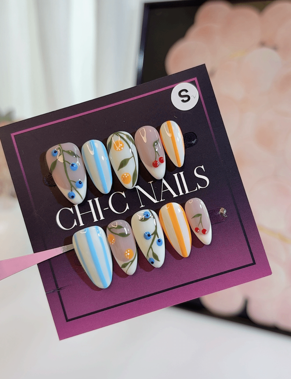 Fruit Garden Press-On Nails – Medium Almond | Colorful Summer Design