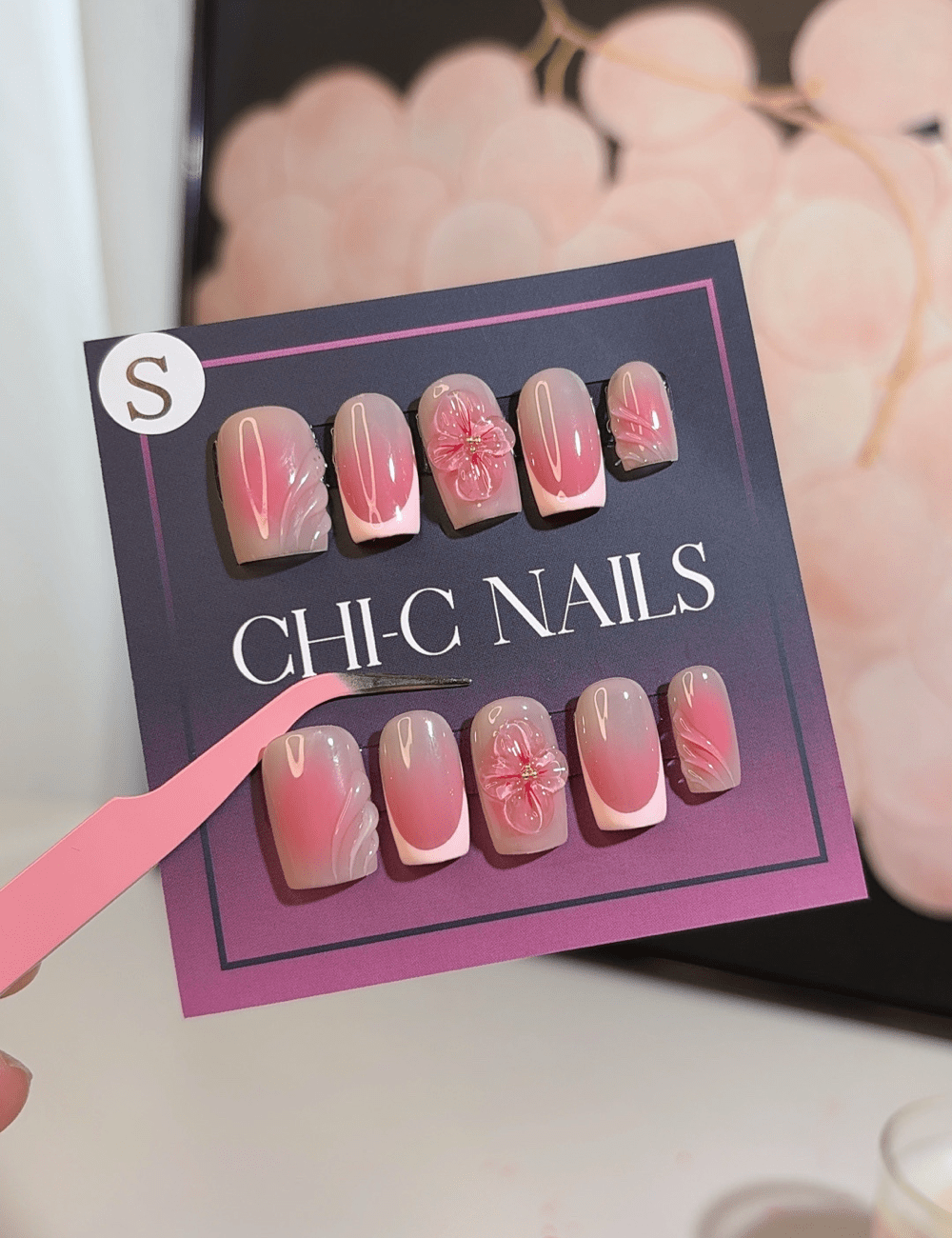 Pink Ombre Floral Press-On Nails – 3D Flower Design | Middle Square Soft Spring Look