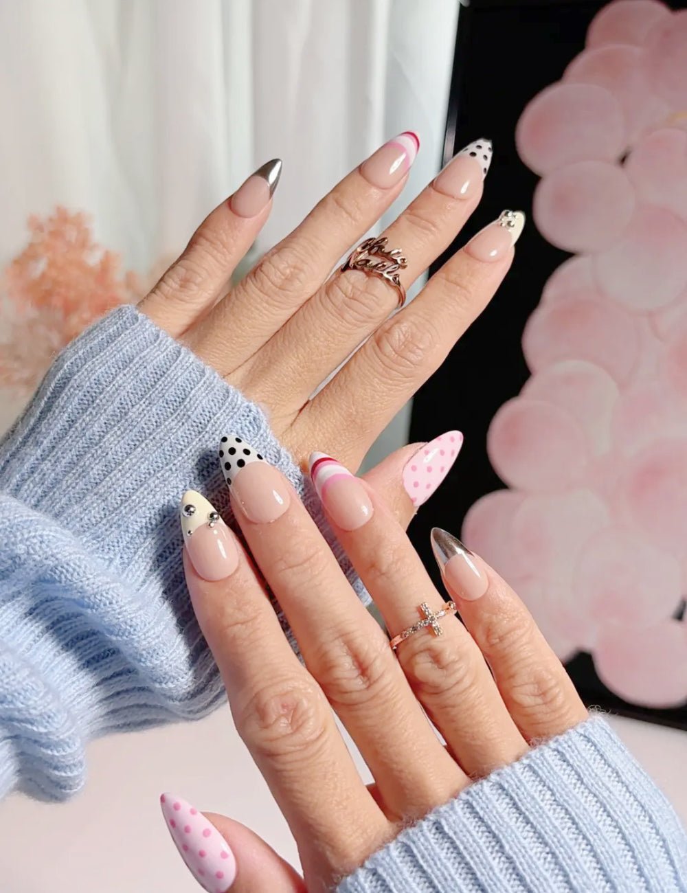 Modern Mix French Press-On Nails - Polka Dot & Chrome Silver Art - Medium Almond