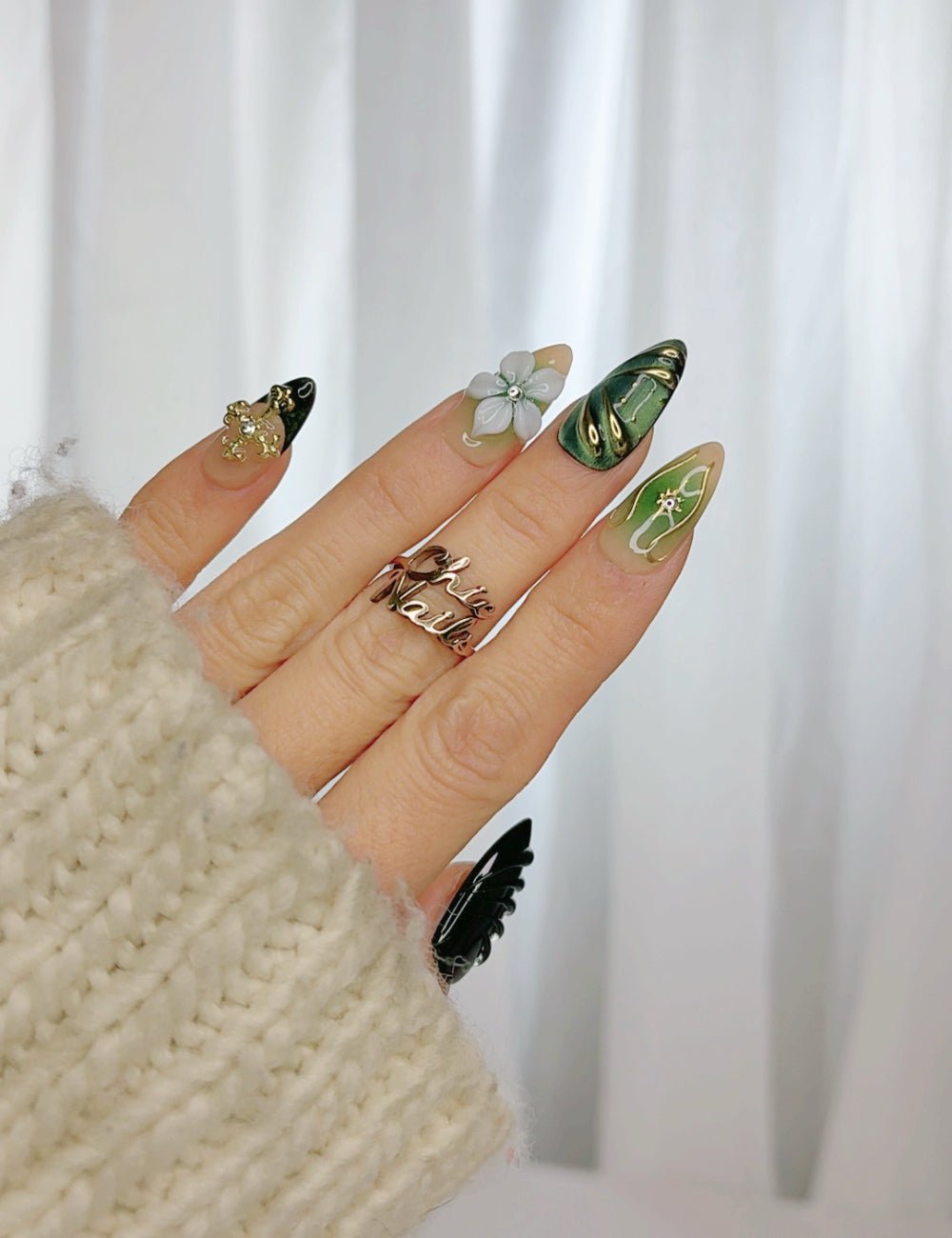 Forest Bloom Cross Press-On Nails | Green Marble Floral Nail Set