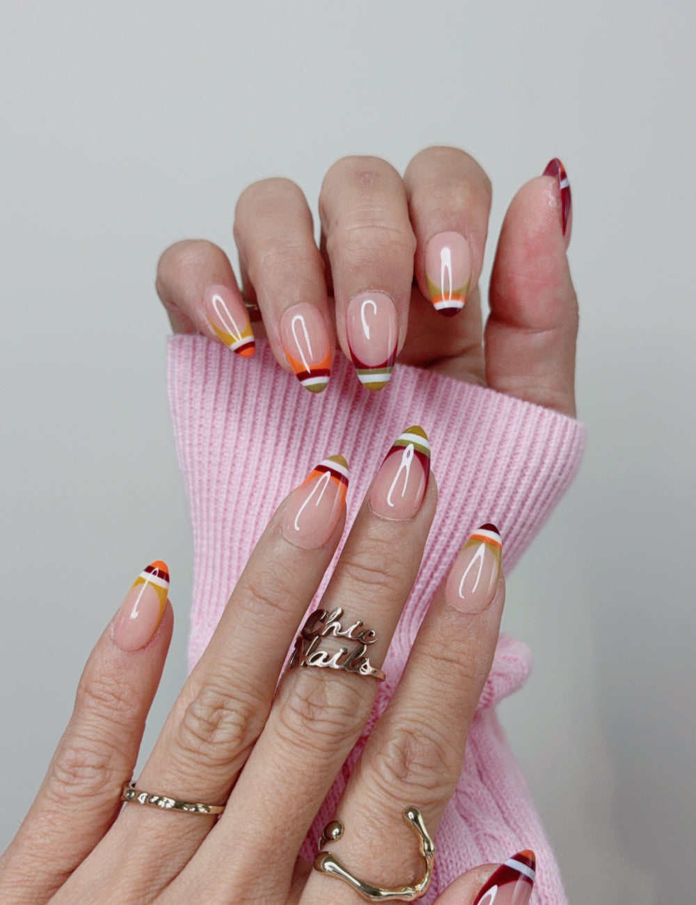 Orange French Short Almond Press On Nails | Handmade Acrylic Nails