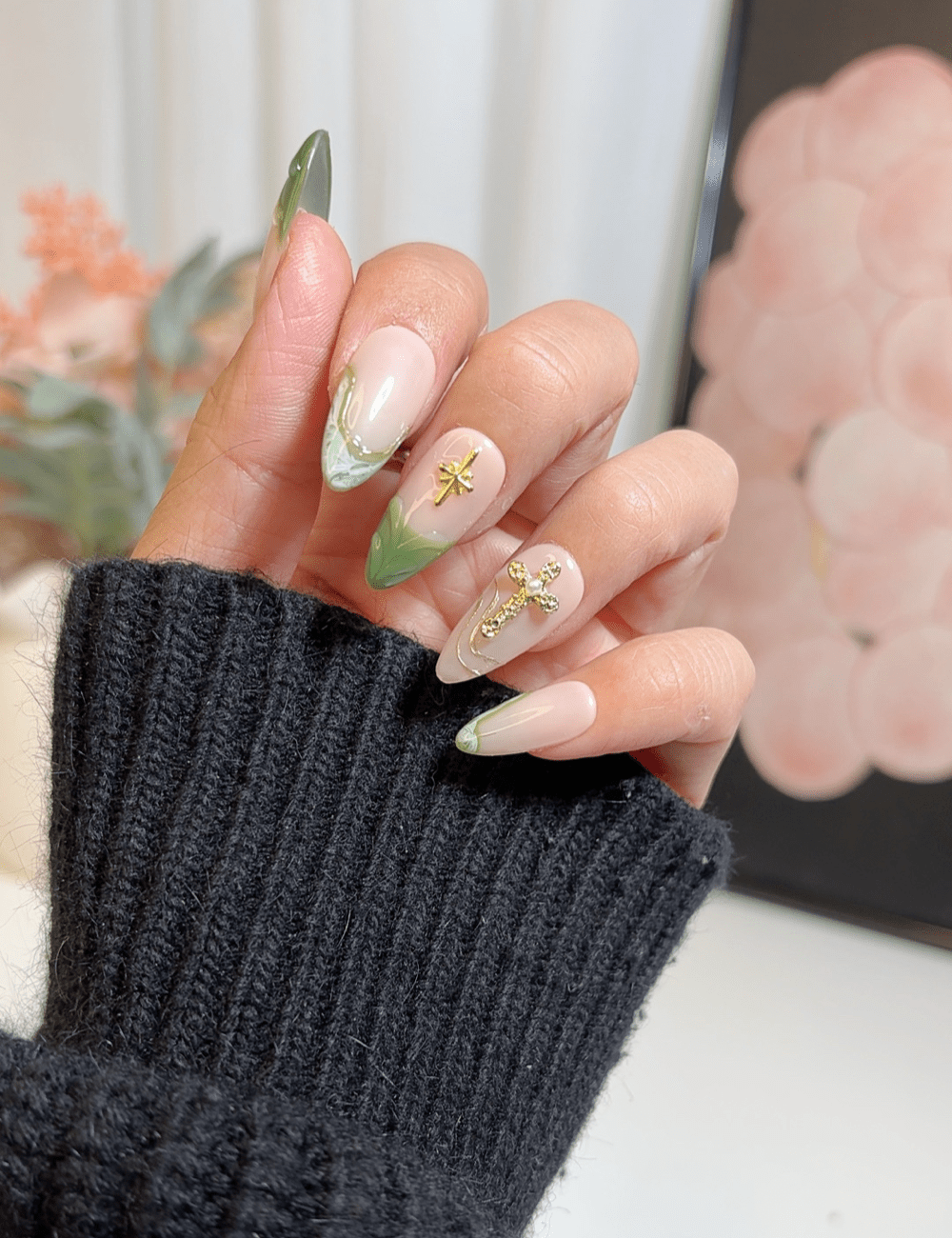 Green Marble & Gold Cross Press-On Nails – Medium Almond