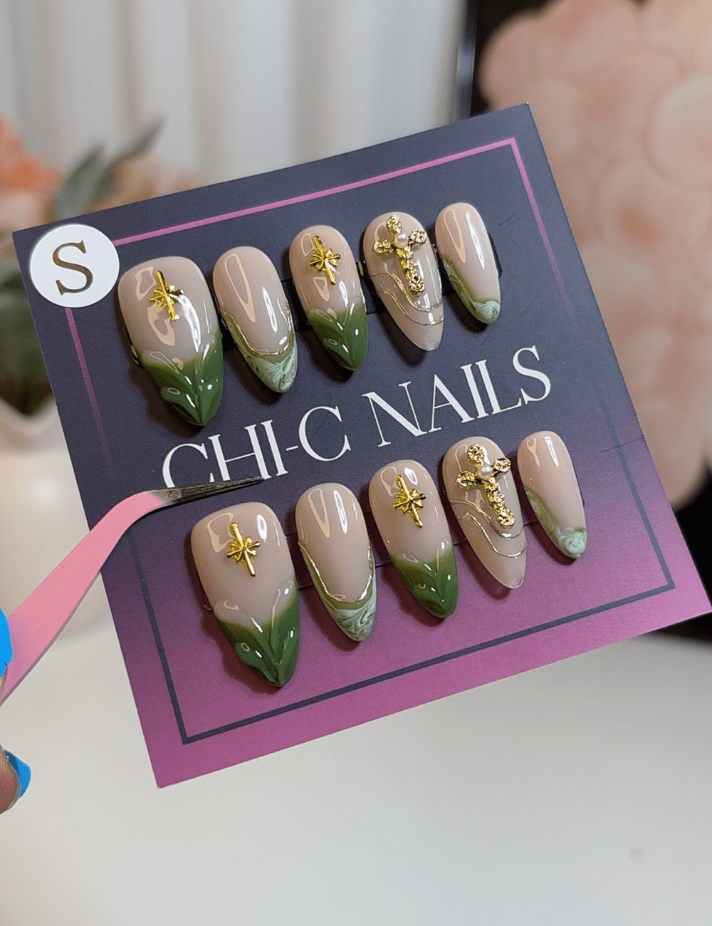 Green Marble & Gold Cross Press-On Nails – Medium Almond