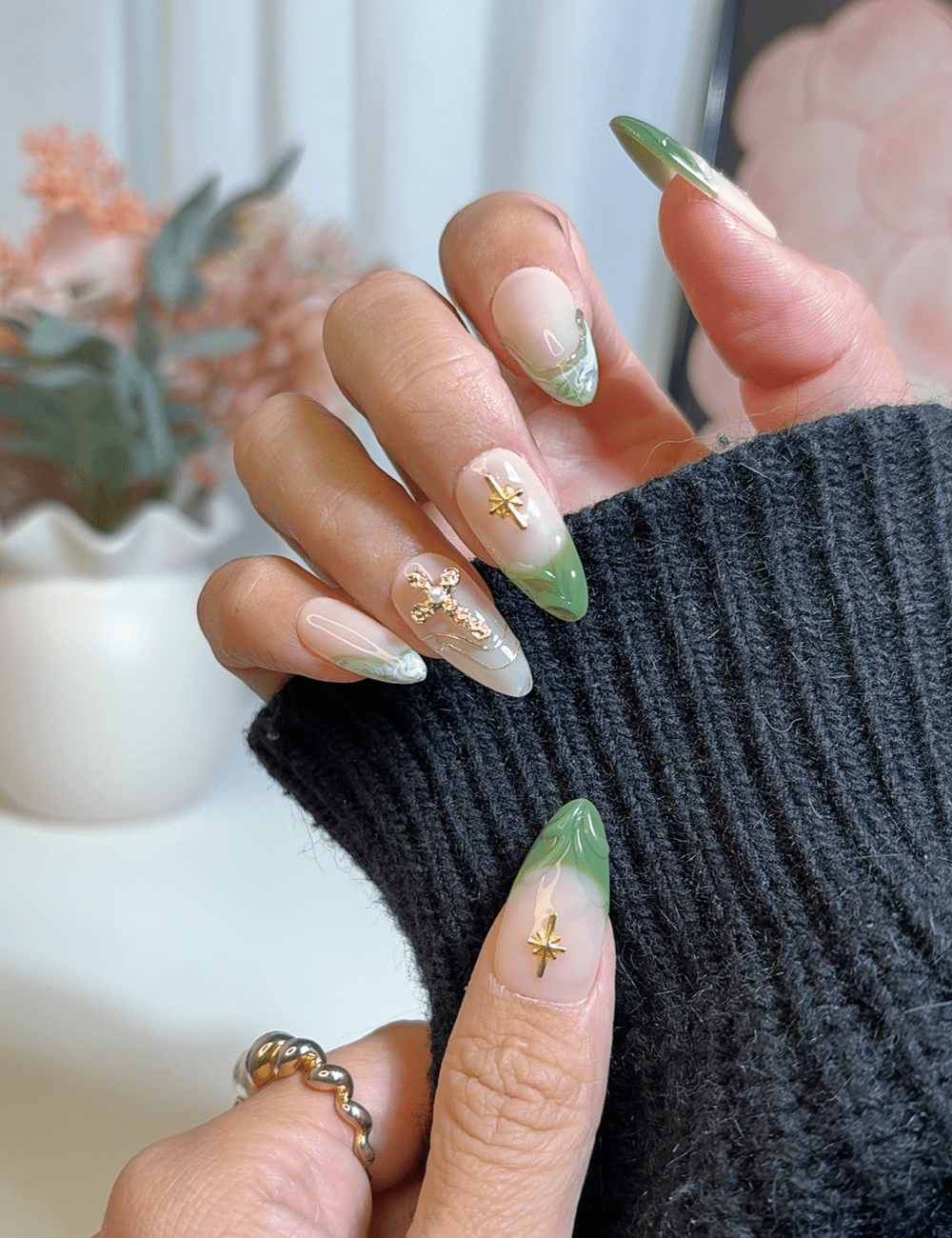 Green Marble & Gold Cross Press-On Nails – Medium Almond
