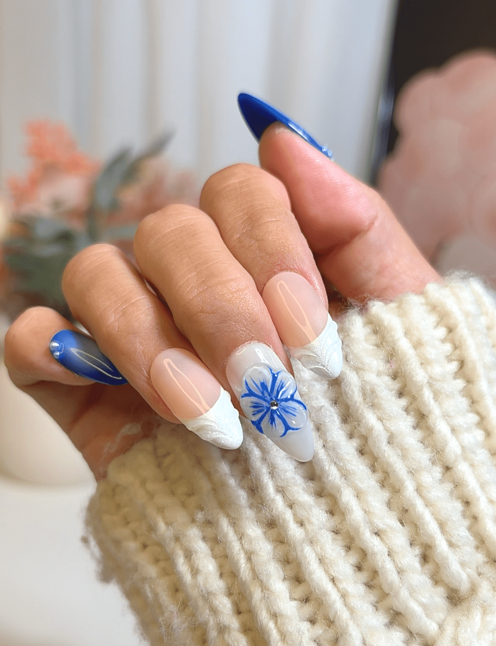 Ocean Bloom β 3D Blue & White Press-On Nails | Medium Almond