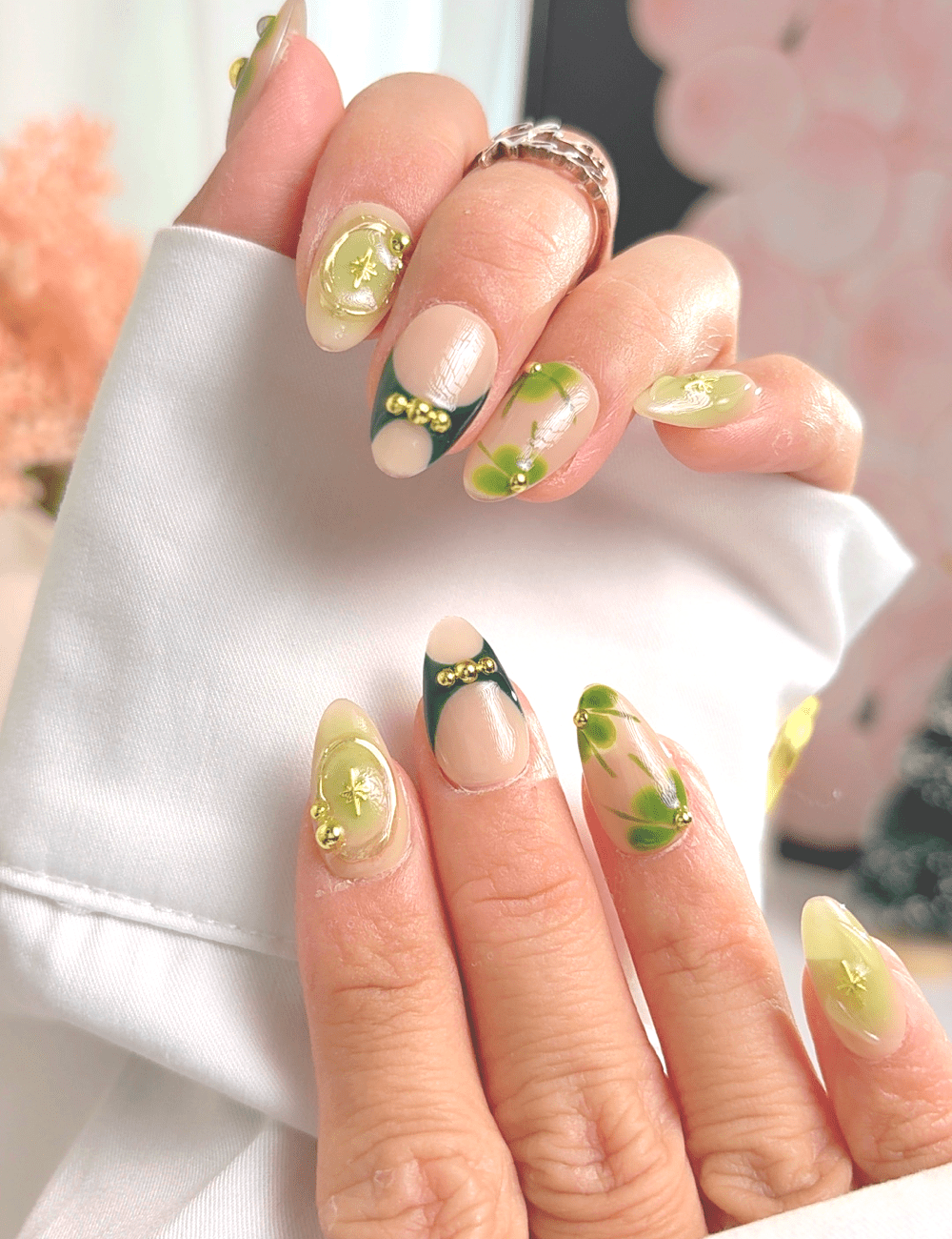 Green French Press On Nails with Glue, Short Almond, Handmade Floral Leaf Nails, Gold Detail Minimal Nails
