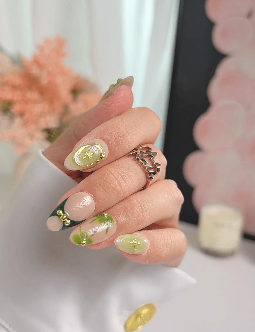Green French Press On Nails with Glue, Short Almond, Handmade Floral Leaf Nails, Gold Detail Minimal Nails