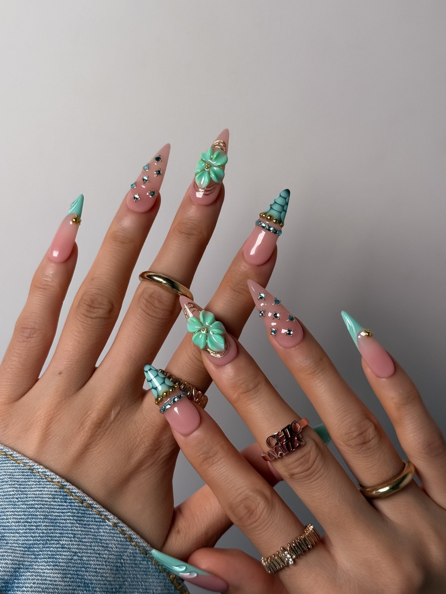 Azure Blossom 3D Floral Press On Nails Long Stiletto