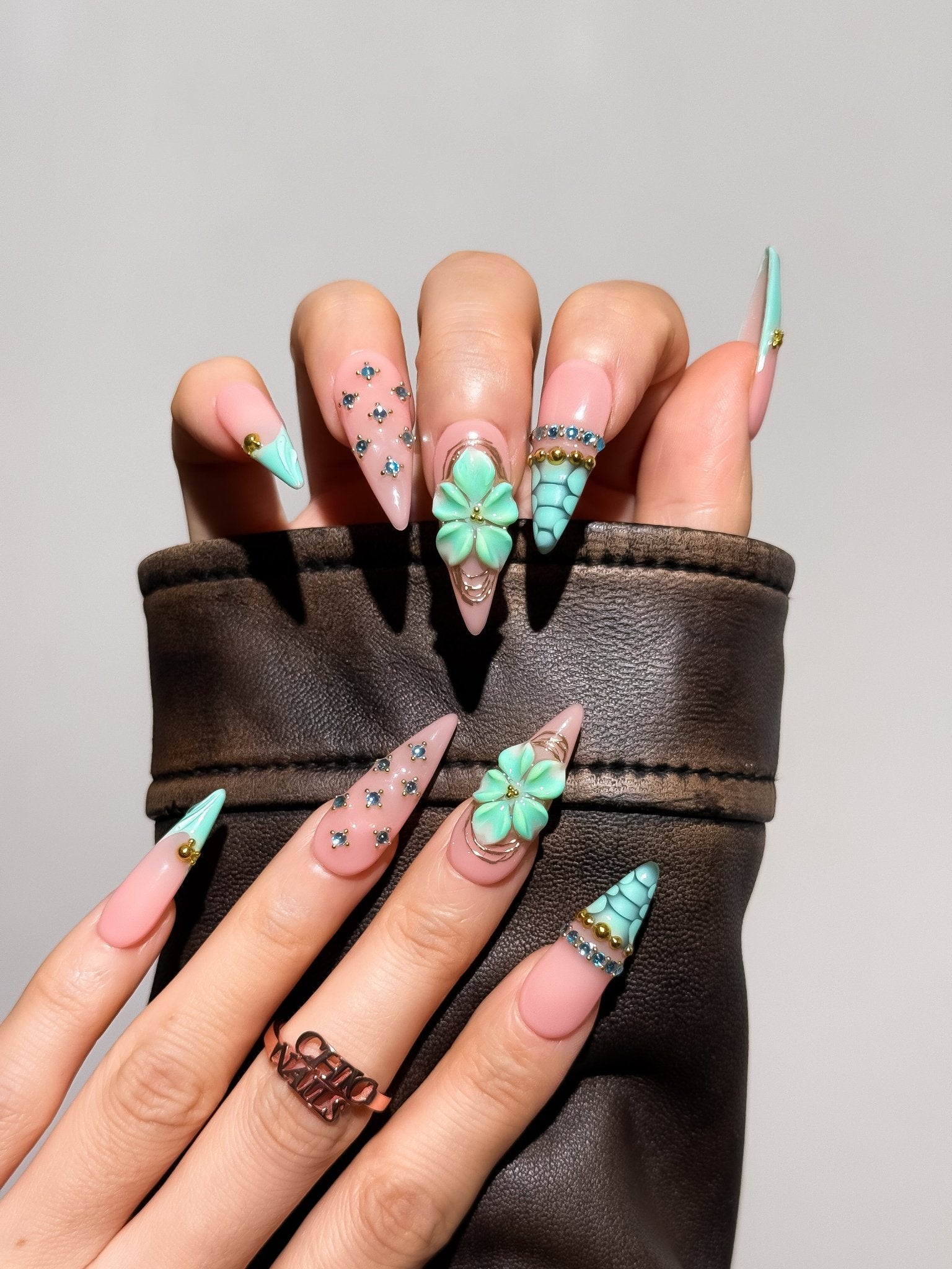 Azure Blossom 3D Floral Press On Nails Long Stiletto