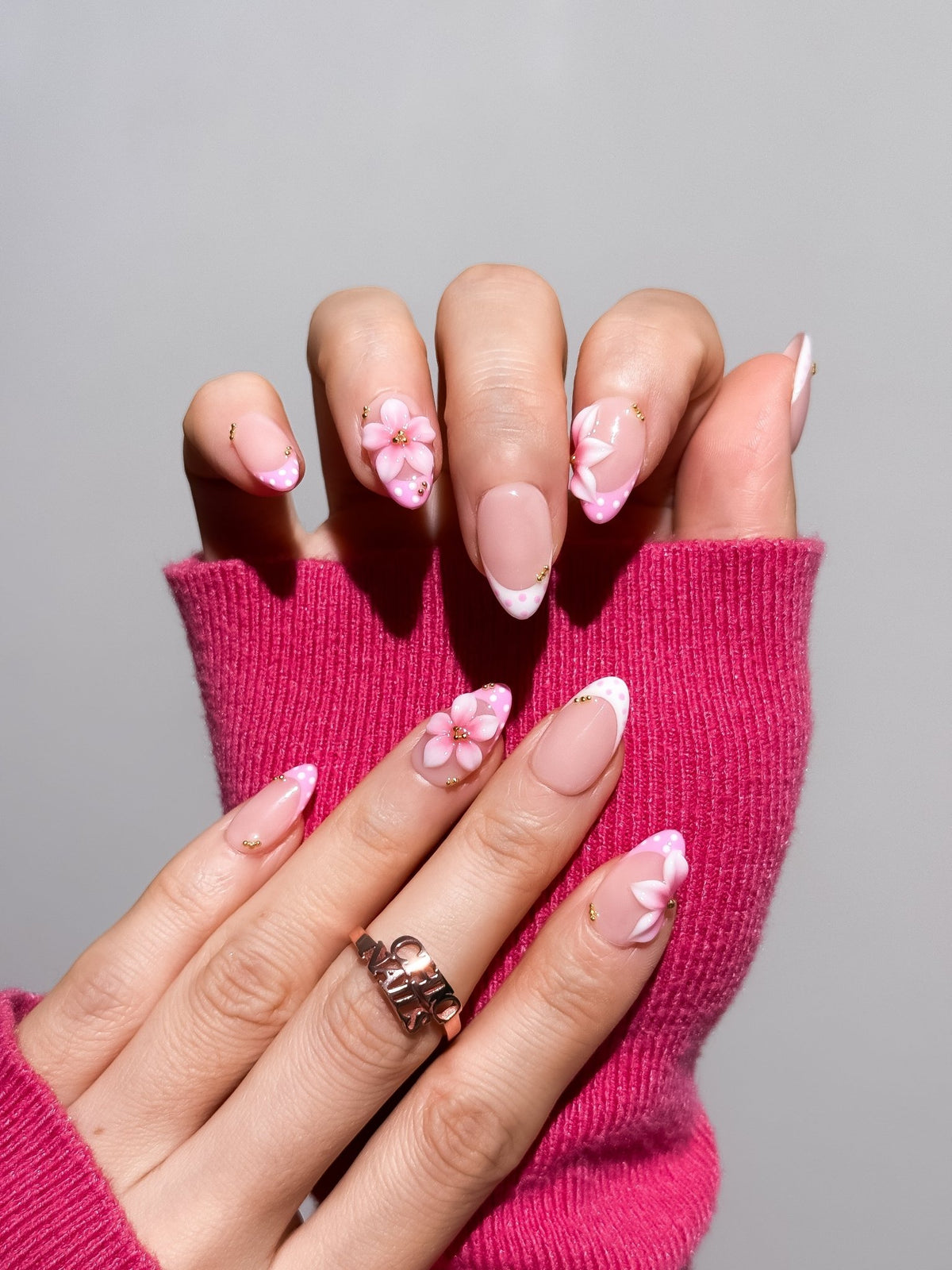 Pink Camellia 3D Floral Press On Nails Short Almond