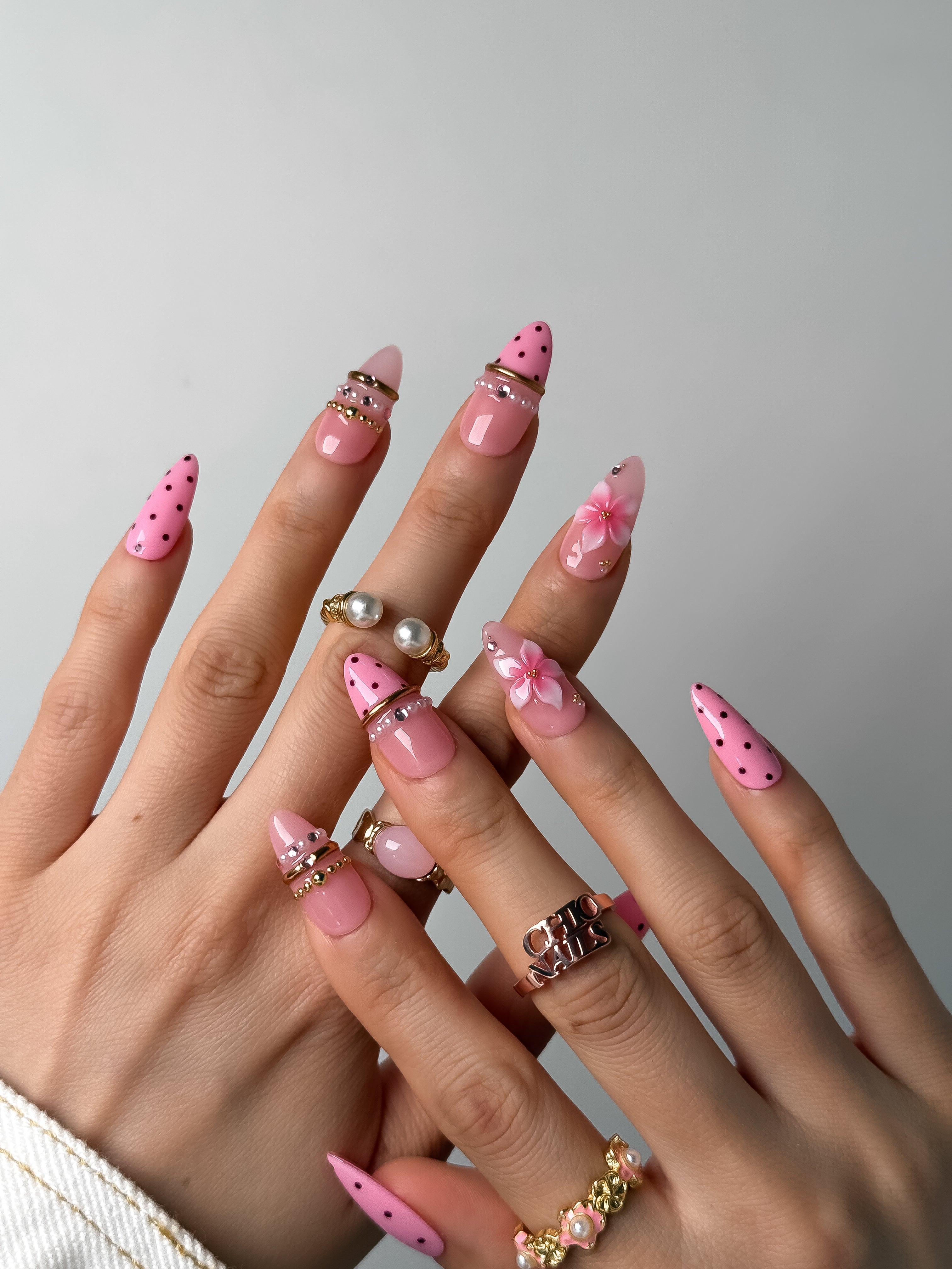 Handmade Pink Polka Dot Floral Press-On Nails – Medium Almond