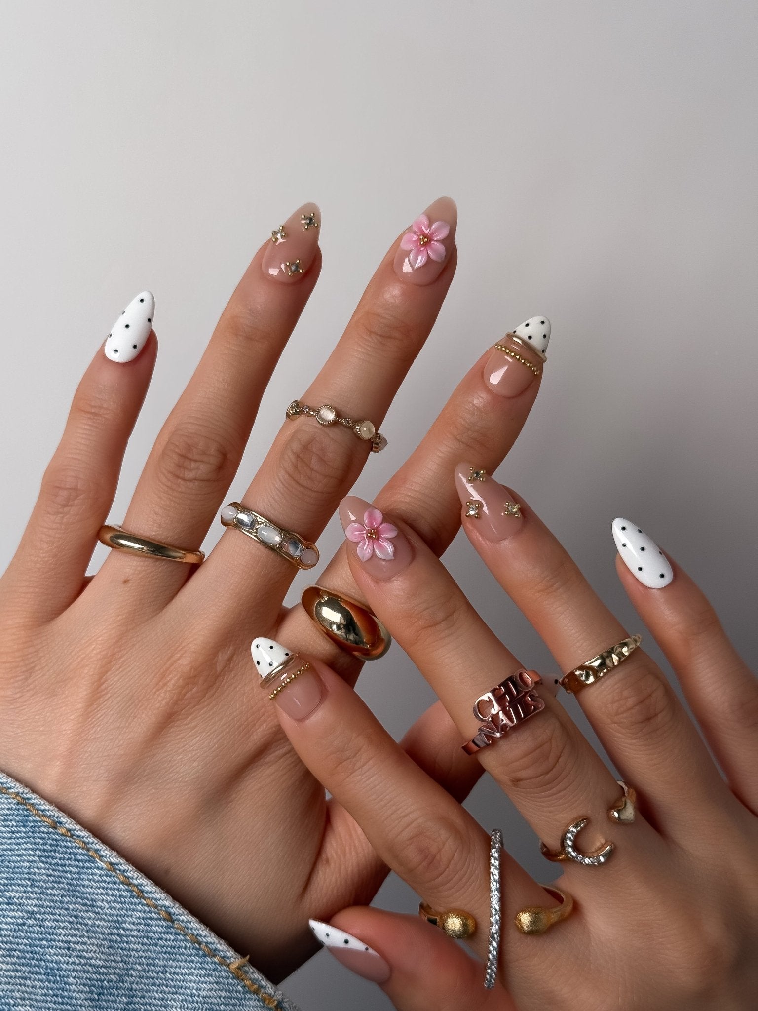 Handmade Pink Floral Polka Dot Press-On Nails – Short Almond
