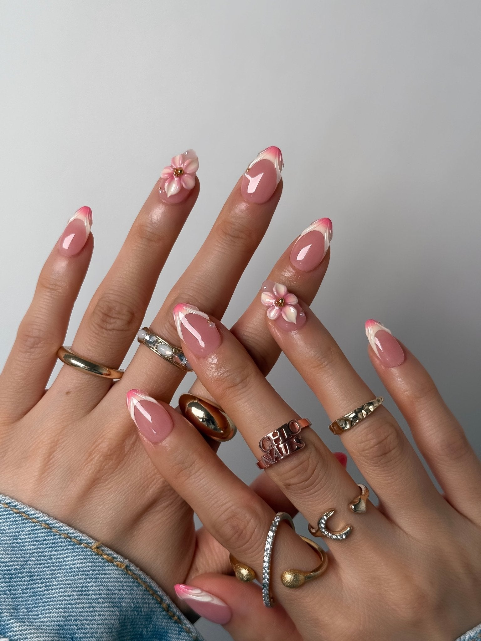 Handmade Pink Flower French Tip Press-On Nails – Short Almond