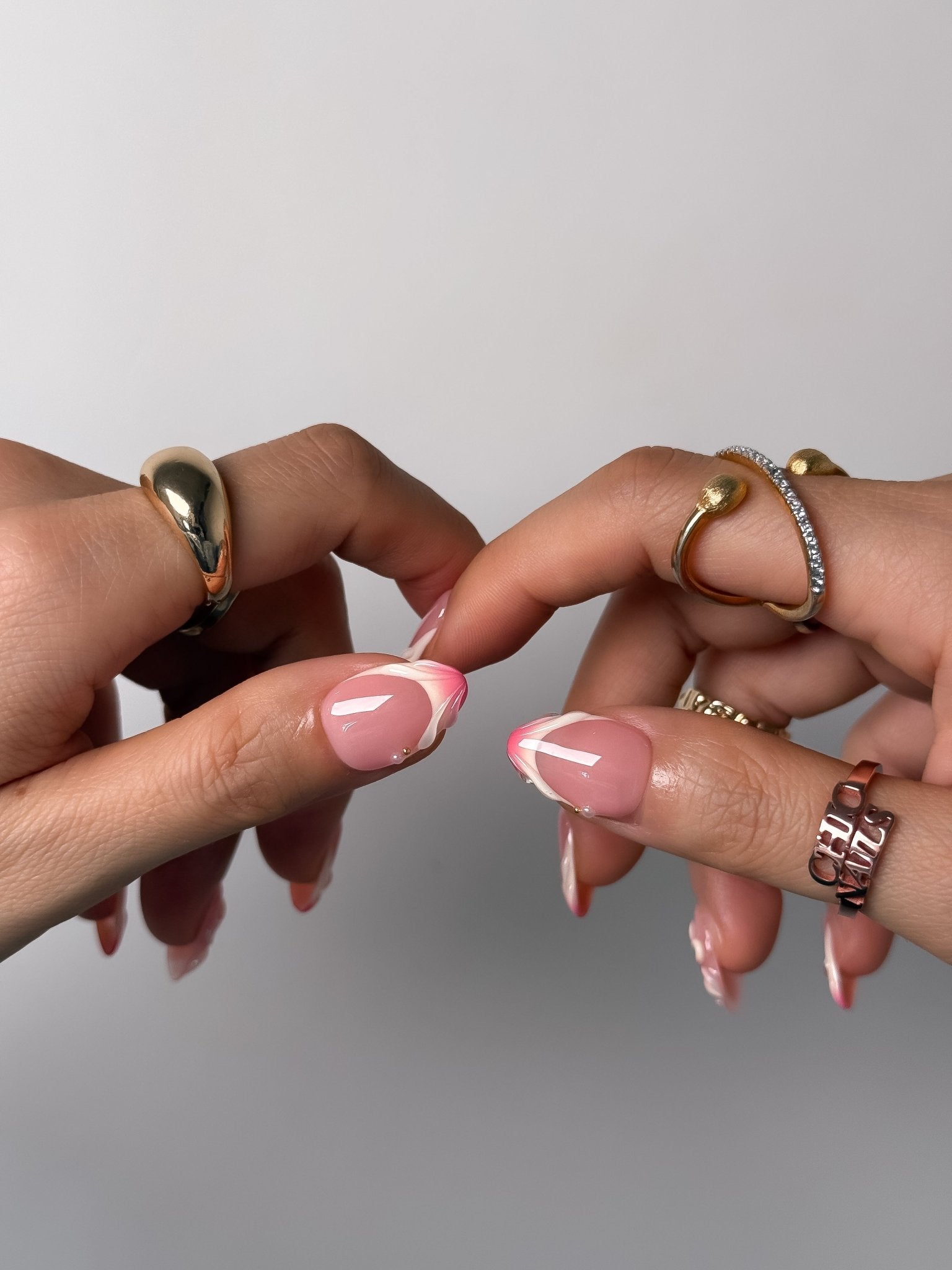 Handmade Pink Flower French Tip Press-On Nails – Short Almond
