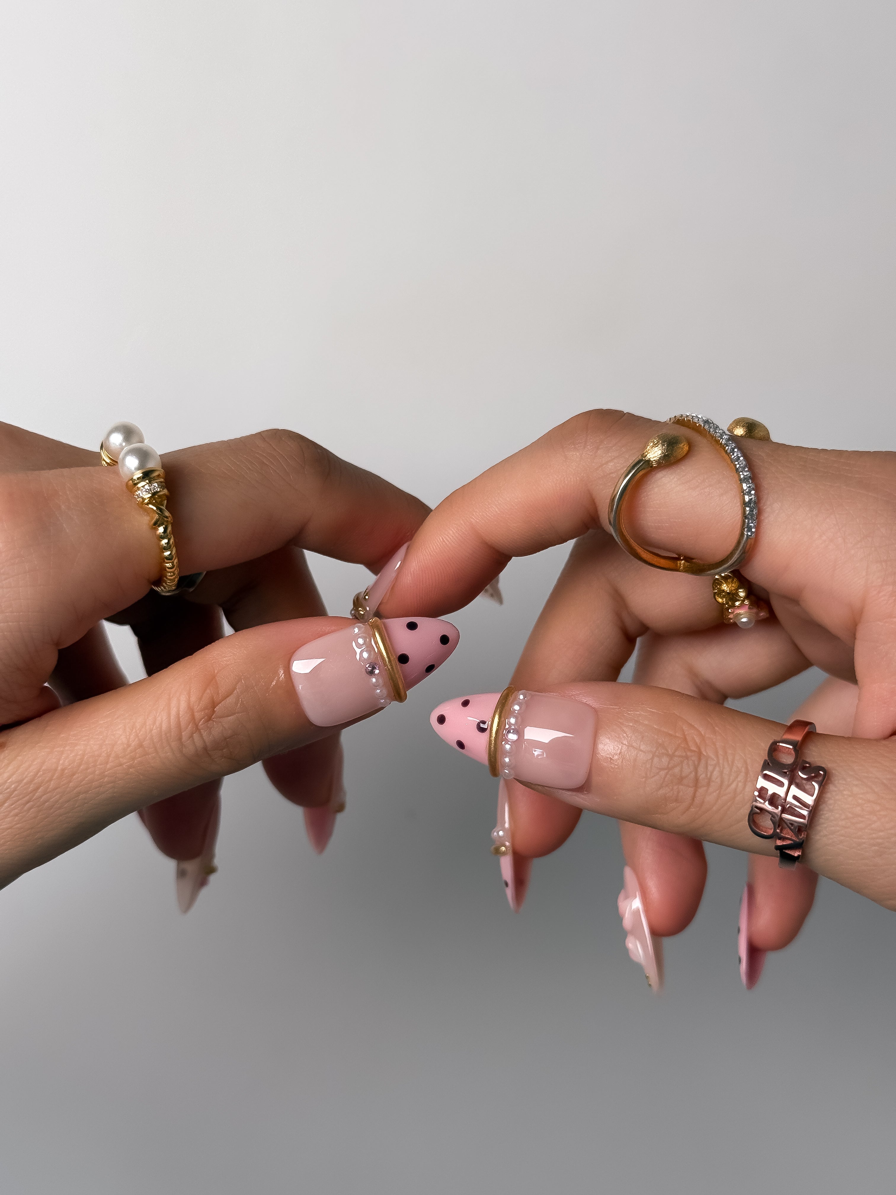 Medium Almond Pink Polka Dot Press-On Nails with 3D Flowers