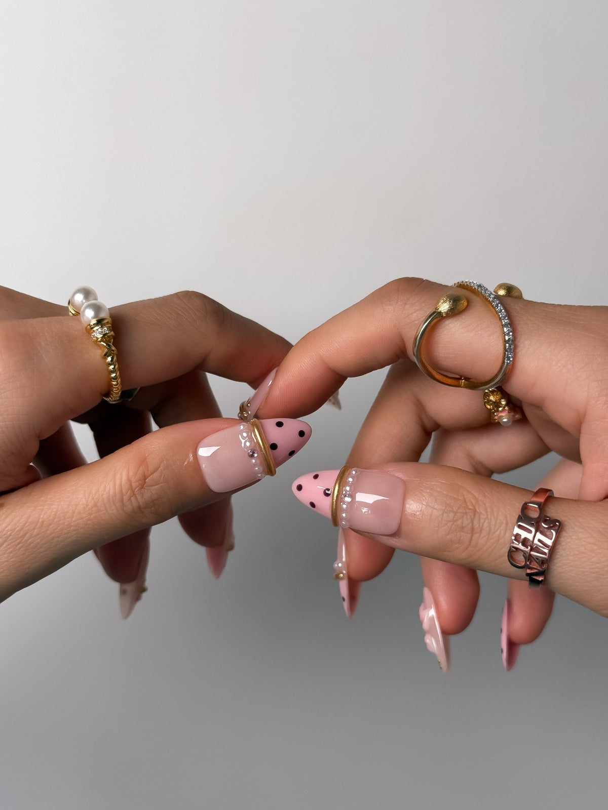 Medium Almond Pink Polka Dot Press-On Nails with 3D Flowers