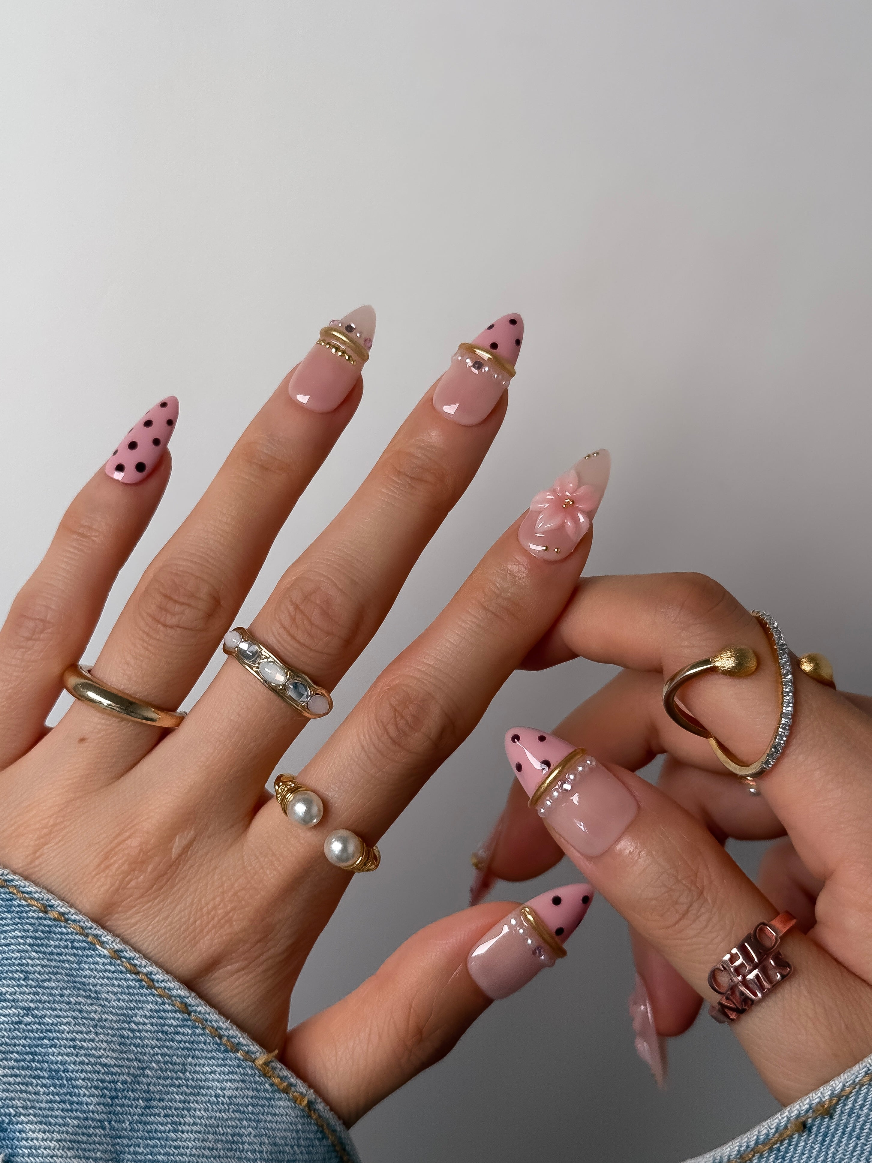 Medium Almond Pink Polka Dot Press-On Nails with 3D Flowers