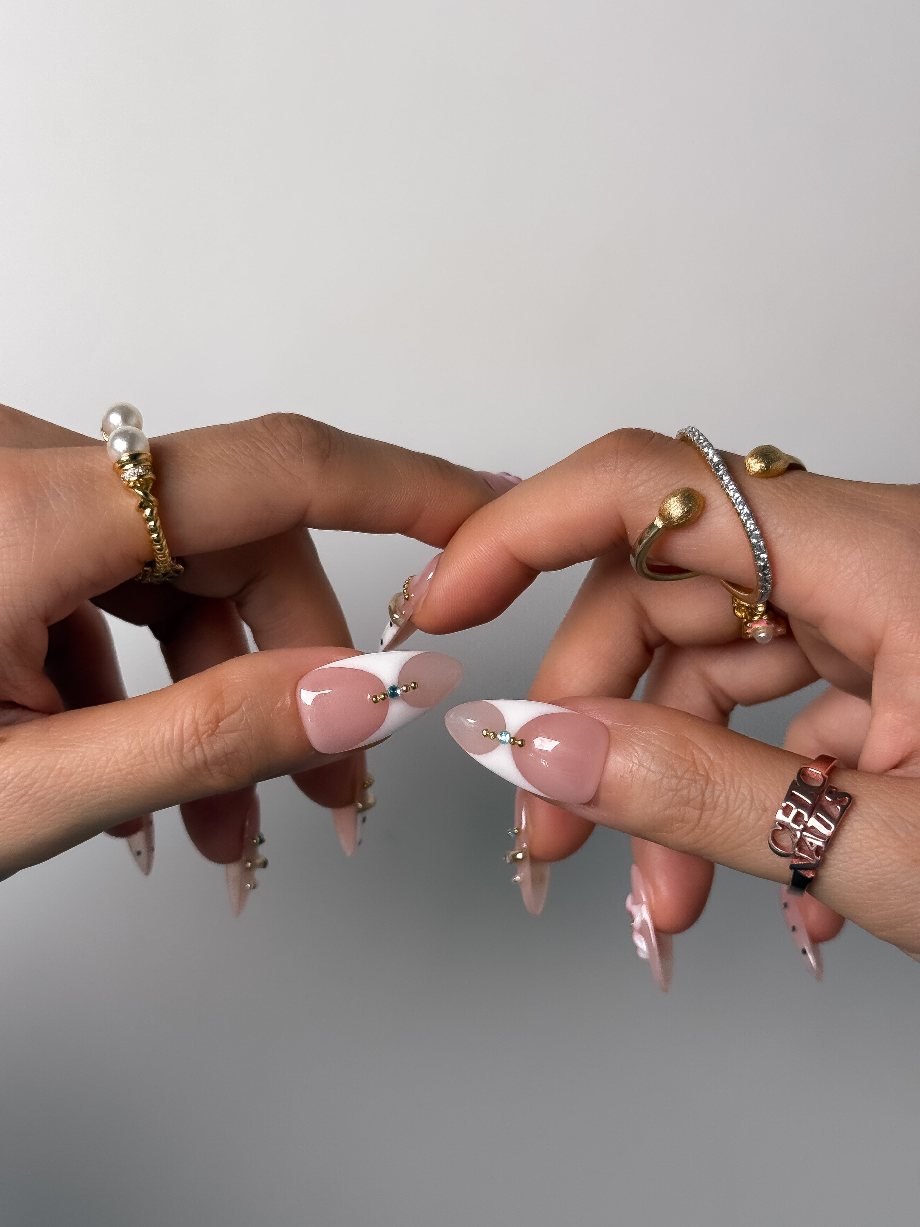 Medium Almond Pink & White Polka Dot Press-On Nails with 3D Flowers