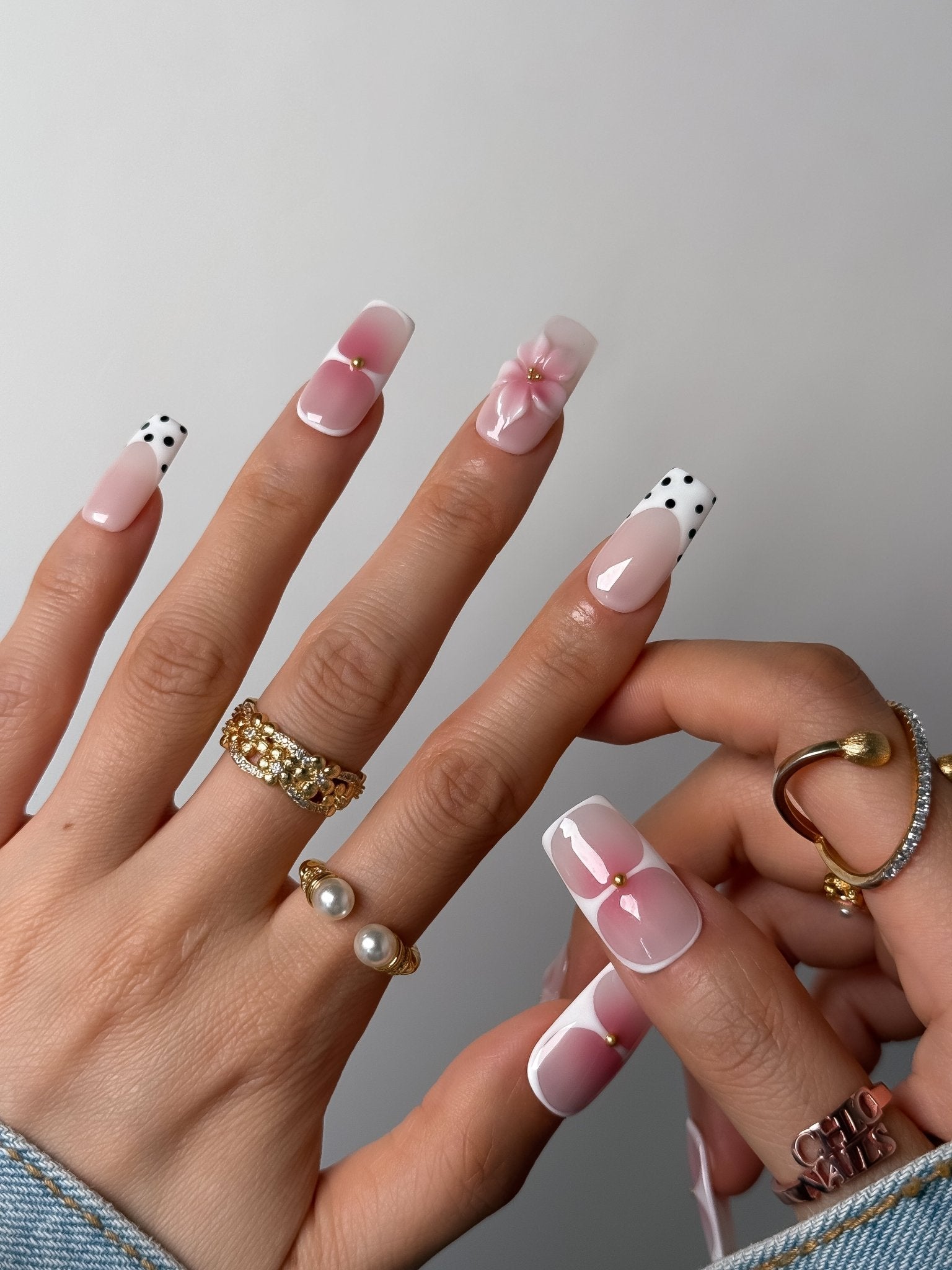 Handmade Pink Bow Polka Dot Press-On Nails – Medium Square