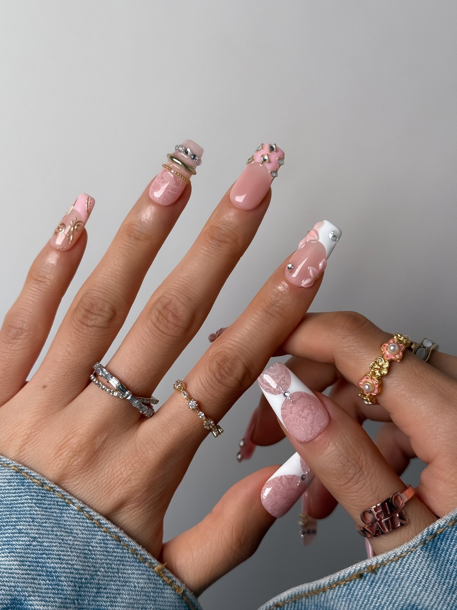 Blush Pink 3D Floral Medium Square Press On Nails