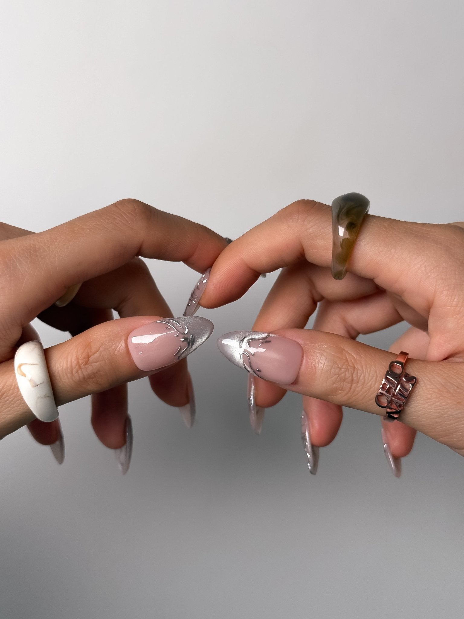 Handmade Silver Chrome Molten Press-On Nails – Medium Almond