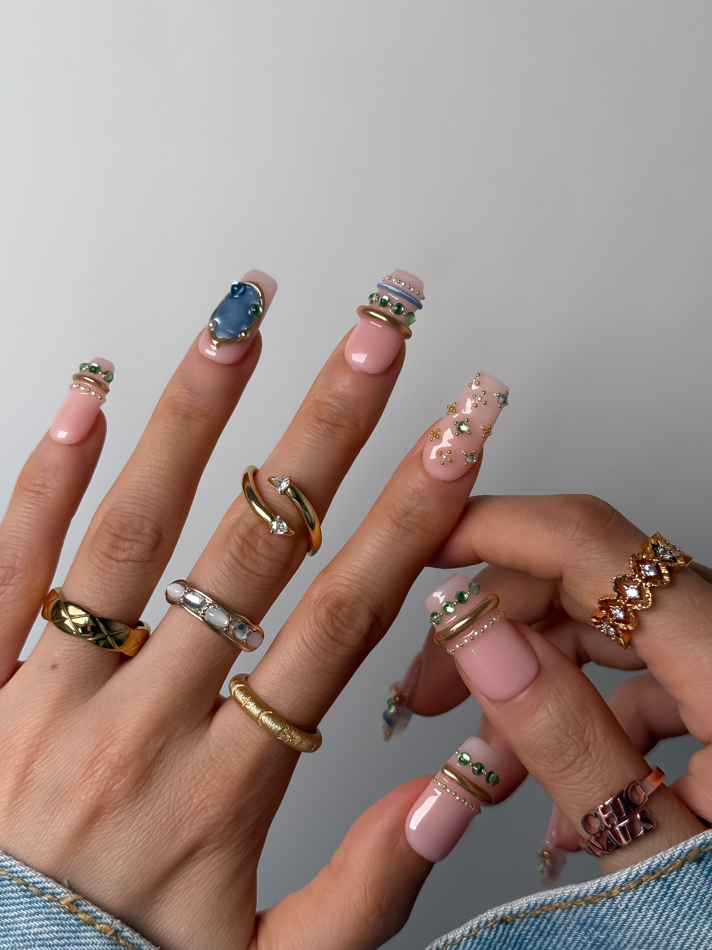 Blue Gem Press On Nails | Nude Pink Square Crystal Nails