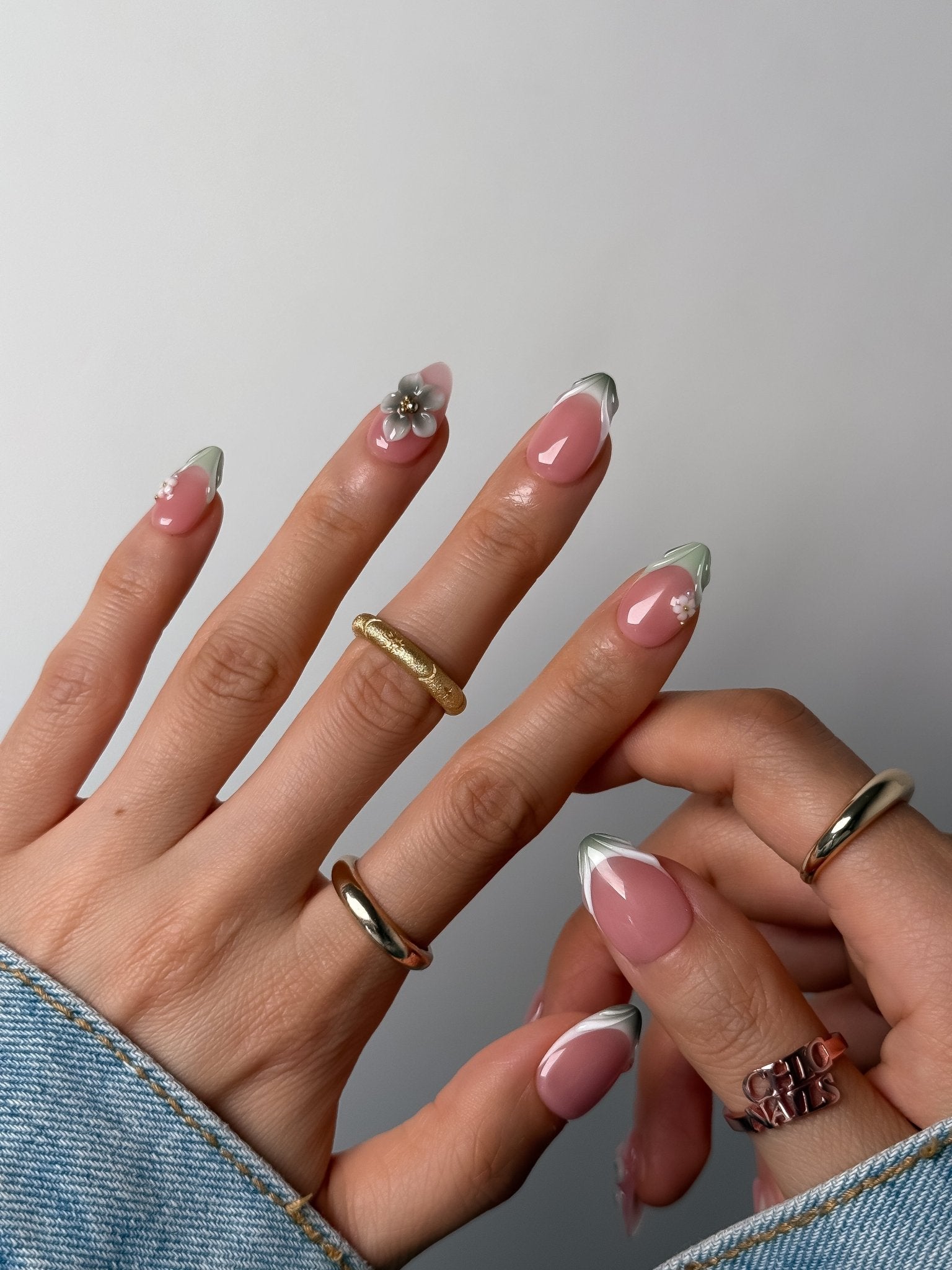 Short Almond Sage Green French Press-On Nails with 3D Flowers