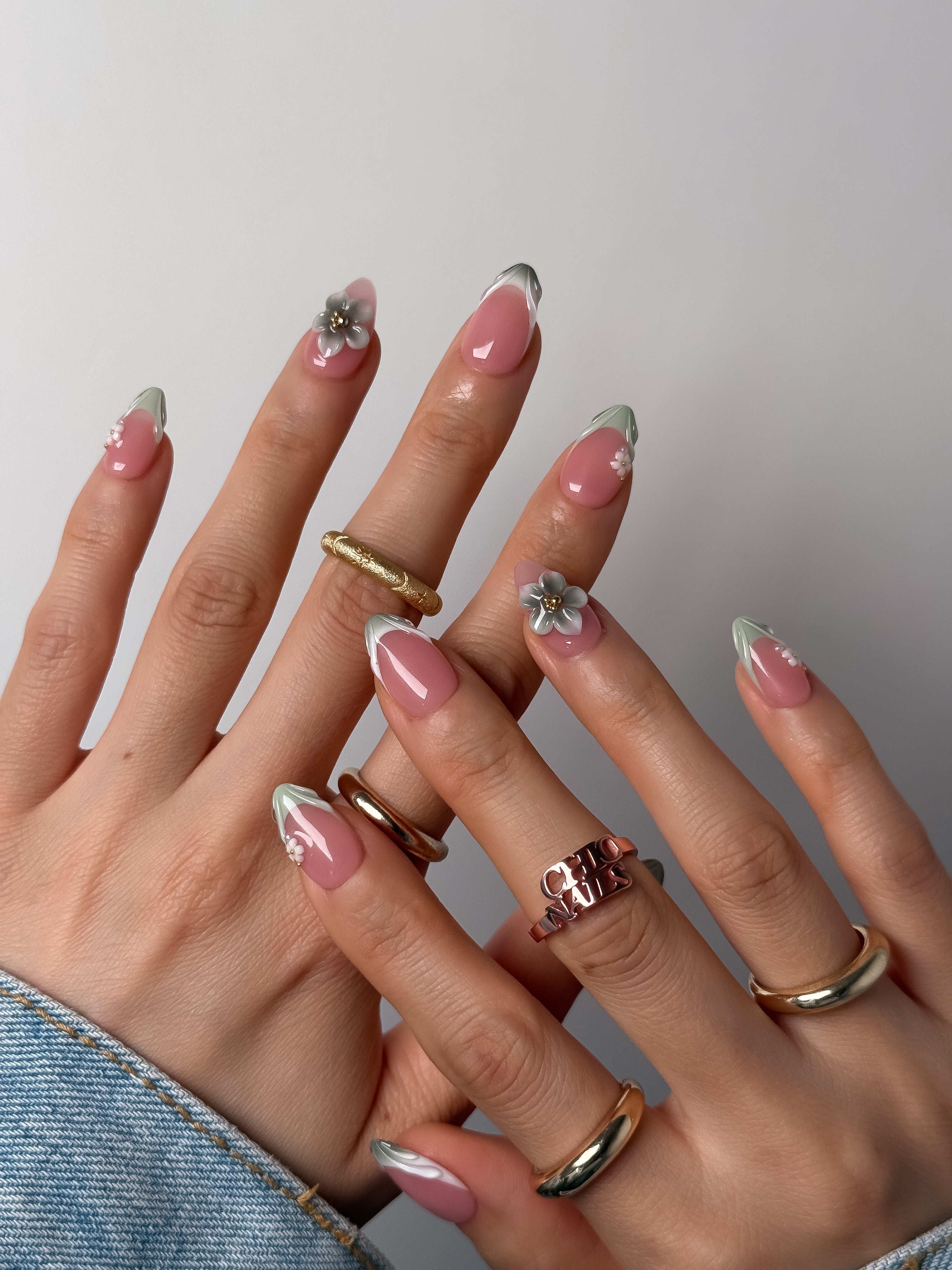 Short Almond Sage Green French Press-On Nails with 3D Flowers
