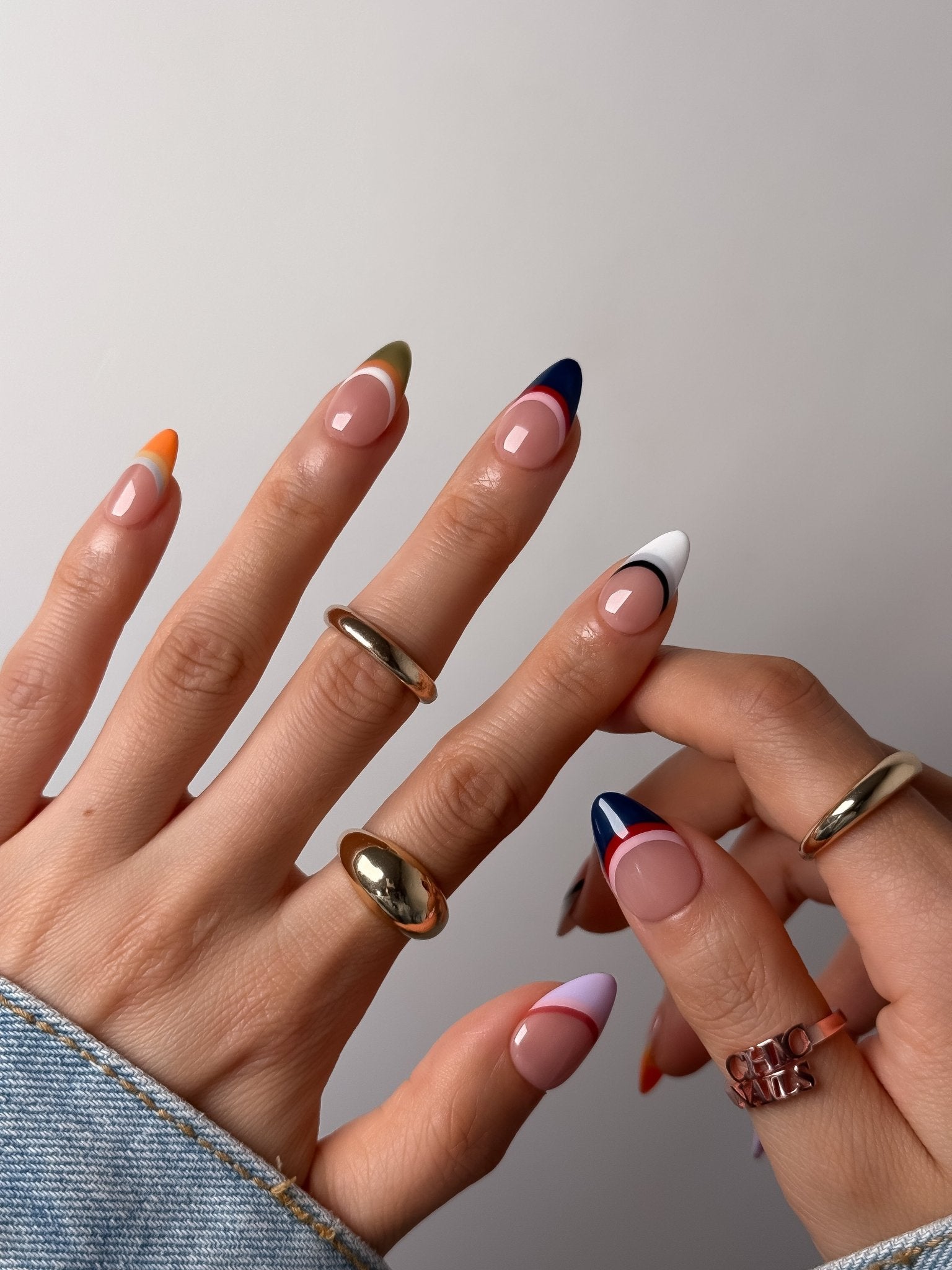 Color Block French Press On Nails | Short Almond Retro Tip Nails